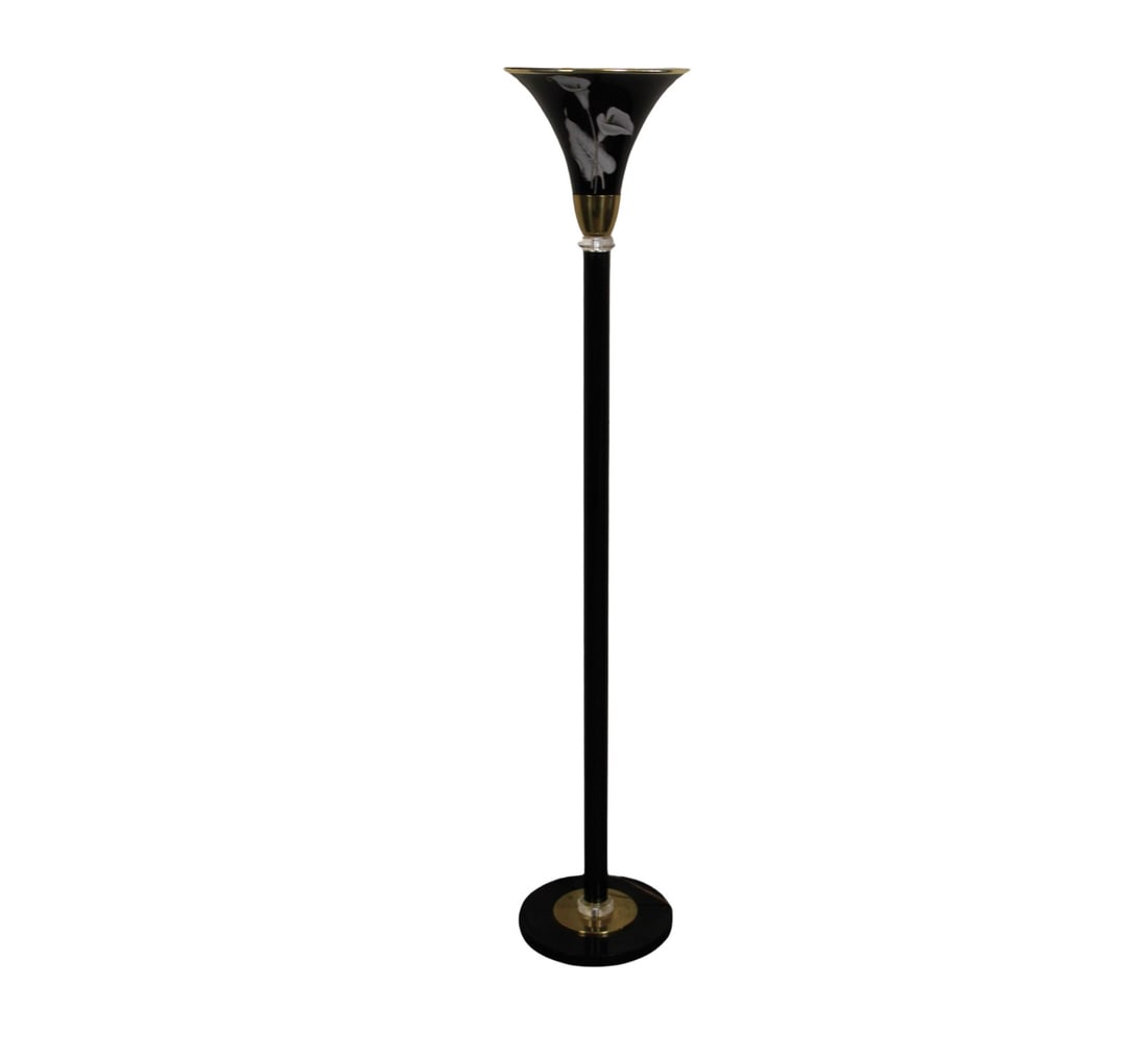 Vintage Black and Gold Torchiere Floor Lamp with Calla Lily Motif: Striking vintage torchiere floor lamp featuring a high-gloss black lacquered finish with polished brass accents and a flared shade adorned with hand-painted white calla lilies. Clear lucite detail at
