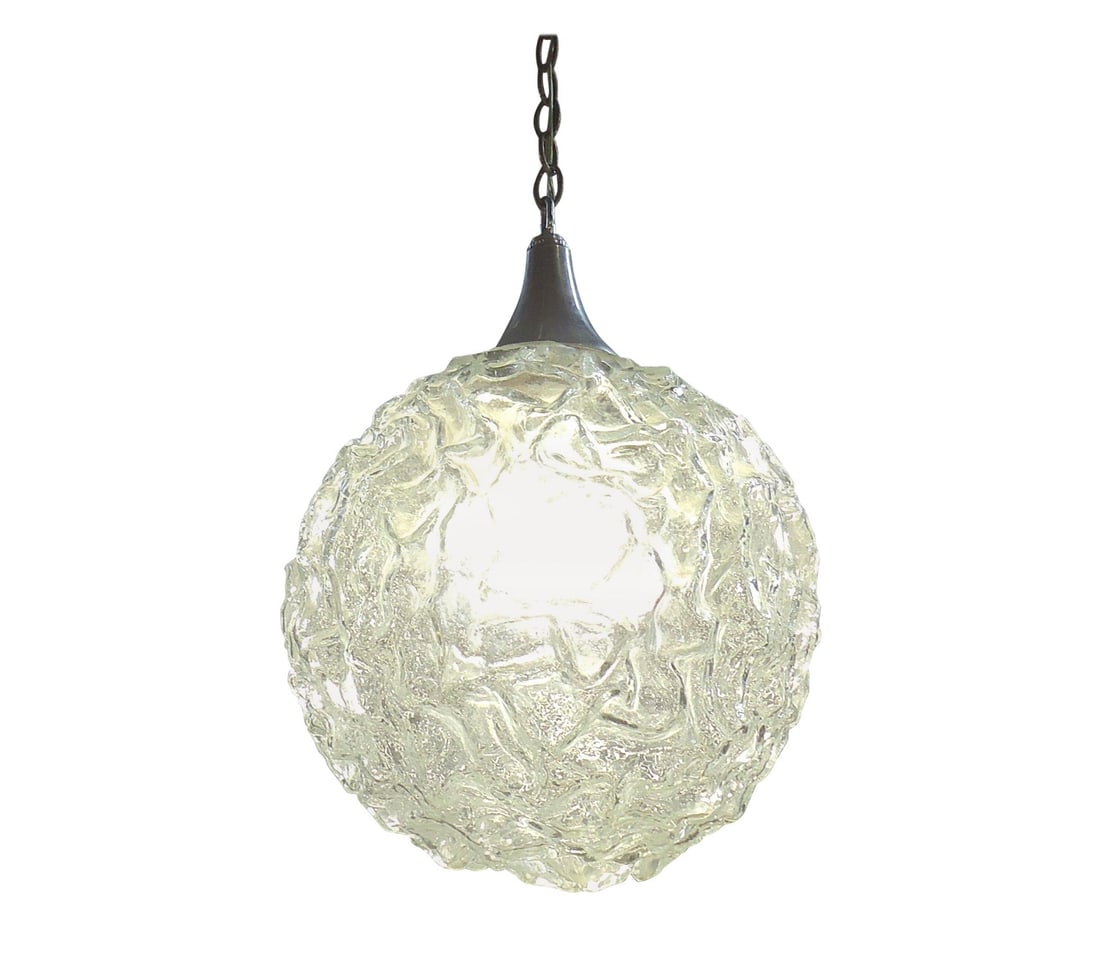 Vintage Glass Pendant Lamp: Round glass globe pendant light with chrome top. // PICKUP LOCATION: Brooklyn, NY // Condition: Good. Wear consistent with age and use. Re-wiring may be recommended for all vintage lighting.