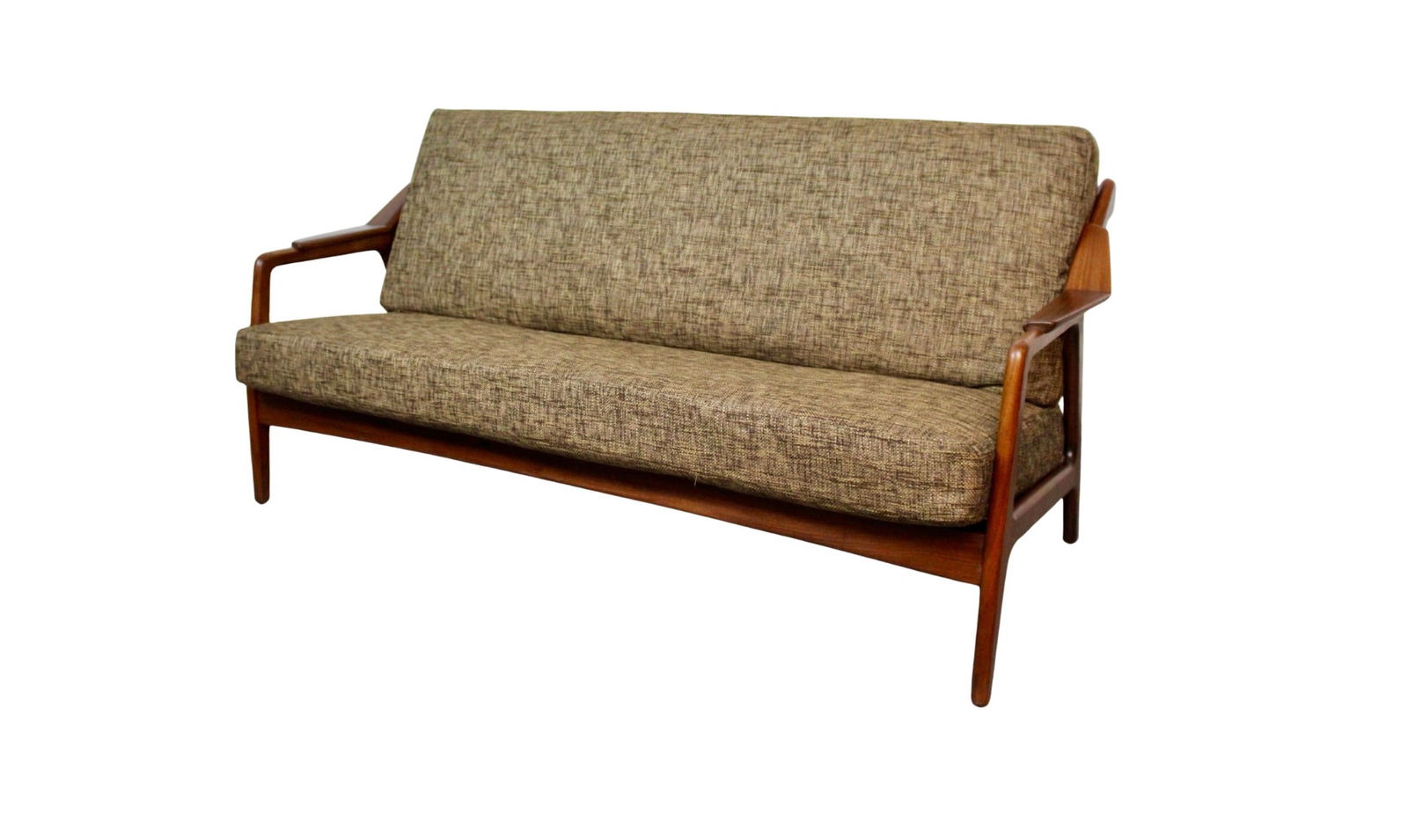 Reupholstered Walnut Sofa by H. Brockmann Petersen for Randers: Blurring the lines between furniture and sculpture, this exceptional carved walnut sofa exemplifies classic mid-century Scandinavian craftsmanship. Designed by H. Brockmann Petersen for Randers