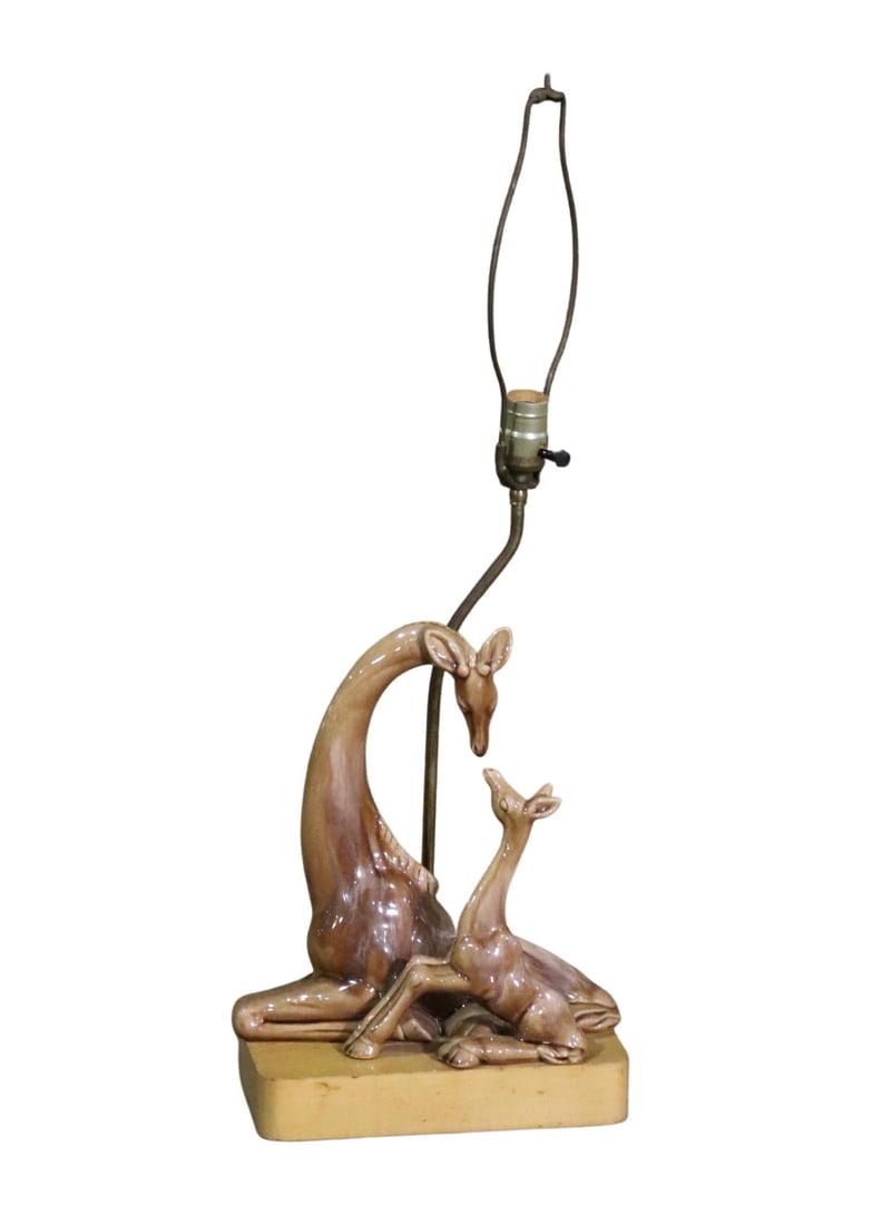 Mother & Child Giraffe Lamp by Royal Haeger Pottery: Adorable vintage table lamp with mother and fawn. // PICKUP LOCATION: Brooklyn, NY // Condition: Good. Wear consistent with age and use. Minor fading. minor finish loss, oxidation, needs