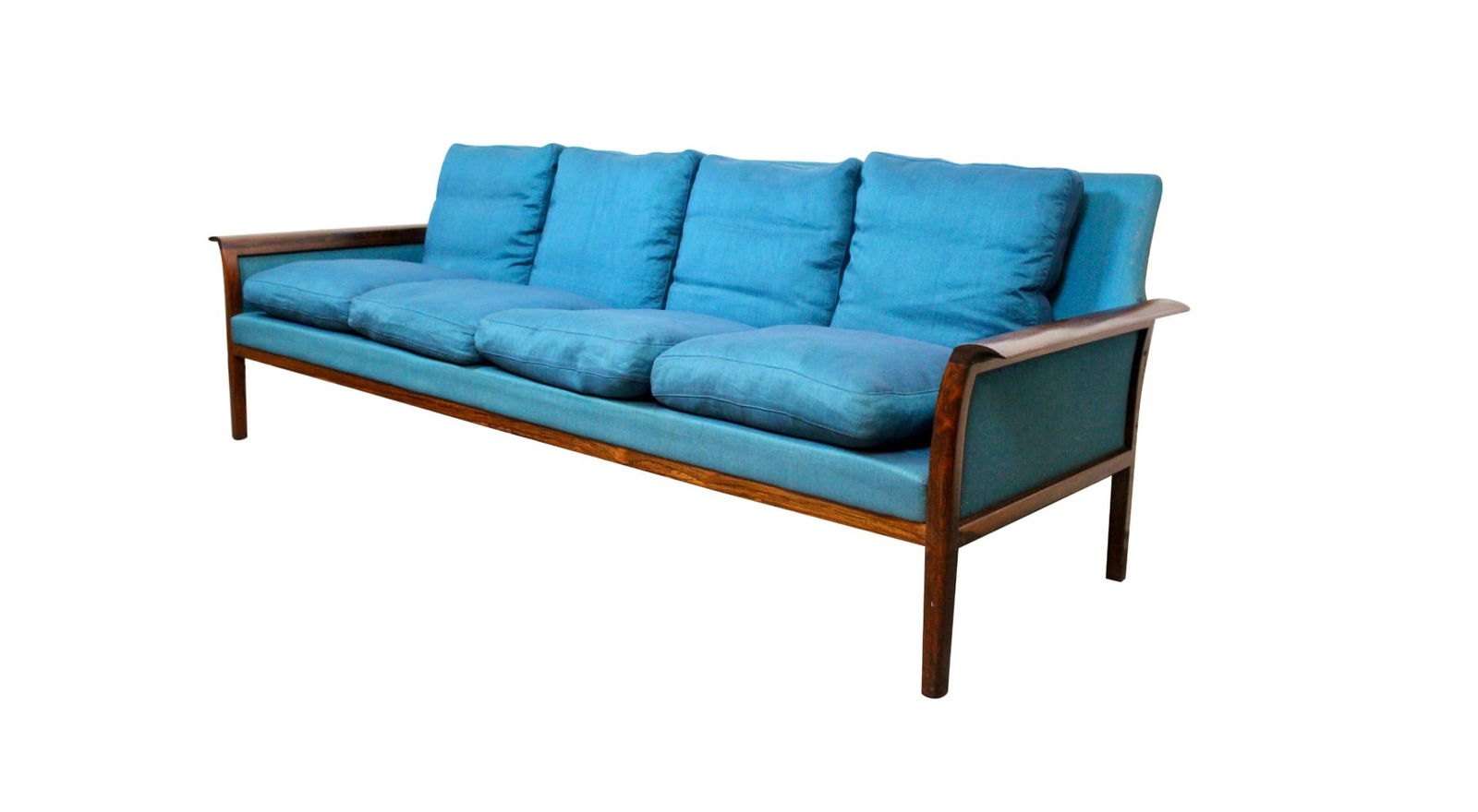 Vintage Norwegian Rosewood Sofa by Hans Olsen for Vatne: Bring home the refined simple luxury of mid-century Norwegian Modern furniture with this exceptionally exquisite sofa designed by Hans Olsen of Denmark for Norway's Vatne Møbler brand. With a frame