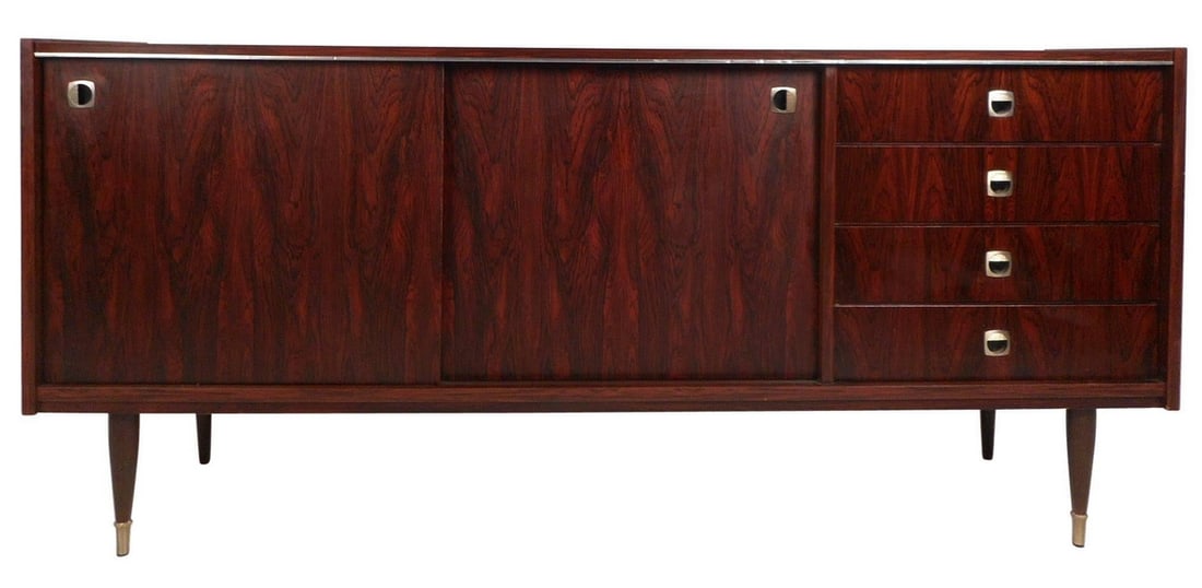 Vintage Modern Rosewood Credenza from Royal Board of Sweden: This stunning mid-century modern sideboard offers plenty of room for storage within its four hefty drawers and large storage compartments with shelves hidden behind its sliding doors. An elegant