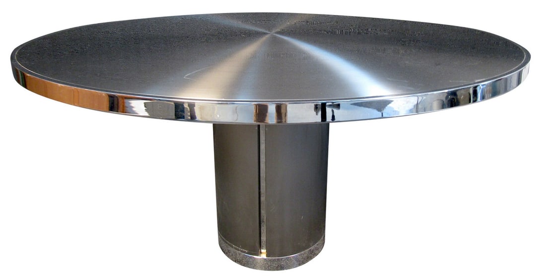 Unique Italian Metal and Chrome Center Table: A unique piece featuring all metal and chrome appearance with a cylindrical base. A one of a kind table that would be the topic of conversation in any living space. // PICK UP LOCATION: BROOKLYN NY //