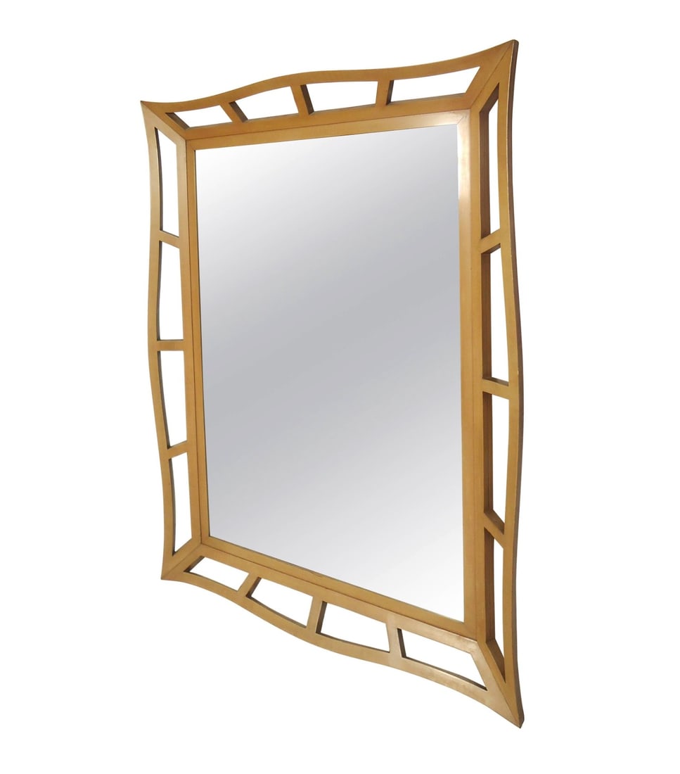 Midcentury Style Wall Mirror: Large hanging mirror with sculpted wood frame. Great shape and design for vertical or horizontal hanging. // PICKUP LOCATION: Brooklyn, NY // Condition: Good. Minor fading. Minor scratches