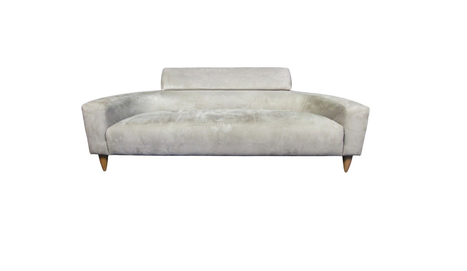 Curved Back Modern Sofa: This long and low vintage Mid-Century Modern sofa is fitted with soft bright colored fabric and sleek walnut legs. The modern design is what gives the sofa its distinctive look. // PICKUP