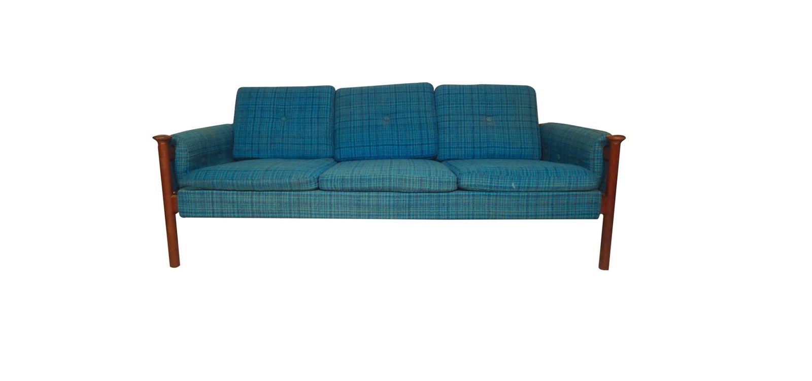 Scandinavian Modern Sofa Finn Juhl Style: Long Mid-Century Modern sofa with teak frame. Three-seat cushioning, upholstered back, unique arm posts add to the Scandinavian Modern appeal of this Finn Juhl style sofa. // PICKUP LOCATION: