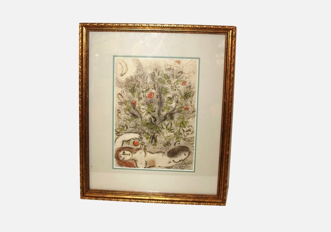 "Paradise" Original 1960 Lithograph Print by Marc Chagall: This is an original lithographic print of Marc Chagall's "Paradise" drawing from 1960. The colors are still strong, and the piece is in a beautiful, sturdy ornate frame. // PICKUP LOCATION: