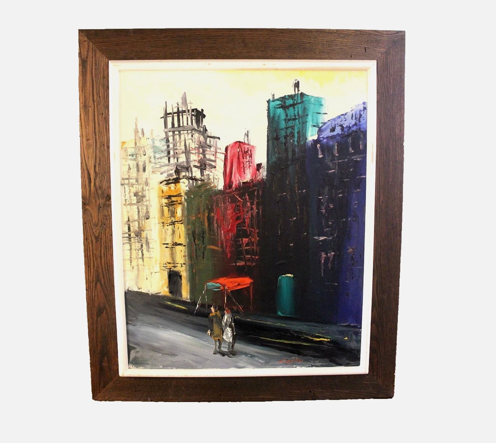 Signed Mid-Century Oil Cityscape Painting: A beautiful and somber cityscape oil painting, signed by an unknown artist "Taylor (?)." Framed in solid wood. A strong piece for any interior. // PICKUP LOCATION: Brooklyn, NY // Condition: