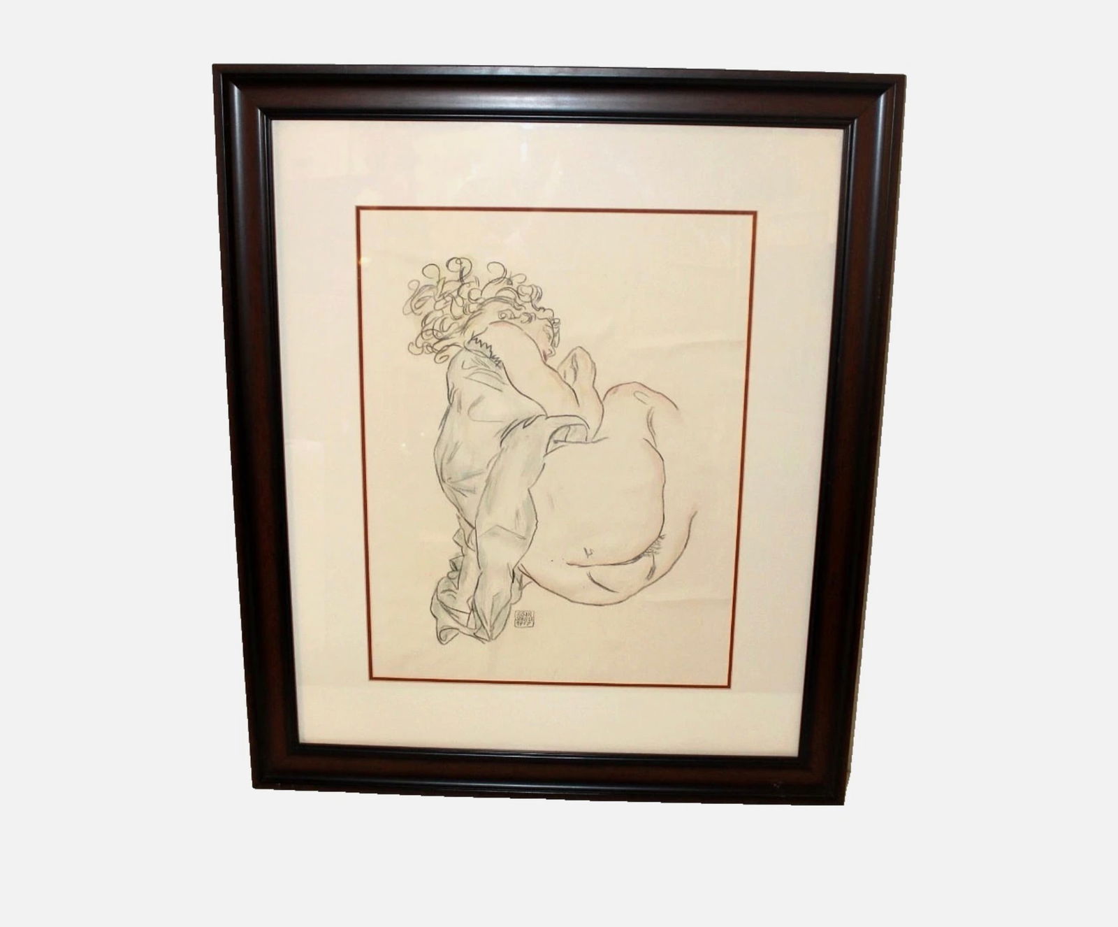 Print of "Nude Lying Down," 1917 Drawing by Egon Schiele (1890-1918): This is a beautiful print of Egon Schiele's drawing "Nude Lying Down," from 1917, signed by the artist. Print number is unknown. The drawing is on thick drawing paper. Egon Schiele's influence in the