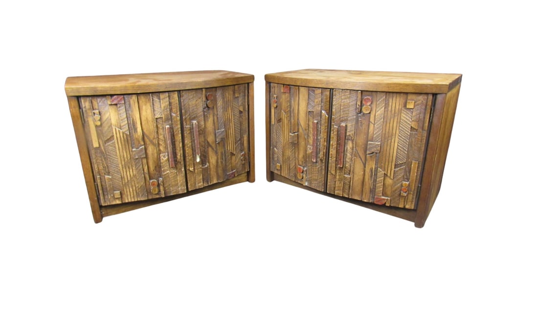 Lane Pueblo Series Brutalist Nightstands: Bring home all the fun and excitement of the 1970's with these fantastic vintage nightstands from Lane Furniture! From the highly collectible "Pueblo" series, these nightstands feature wonderful