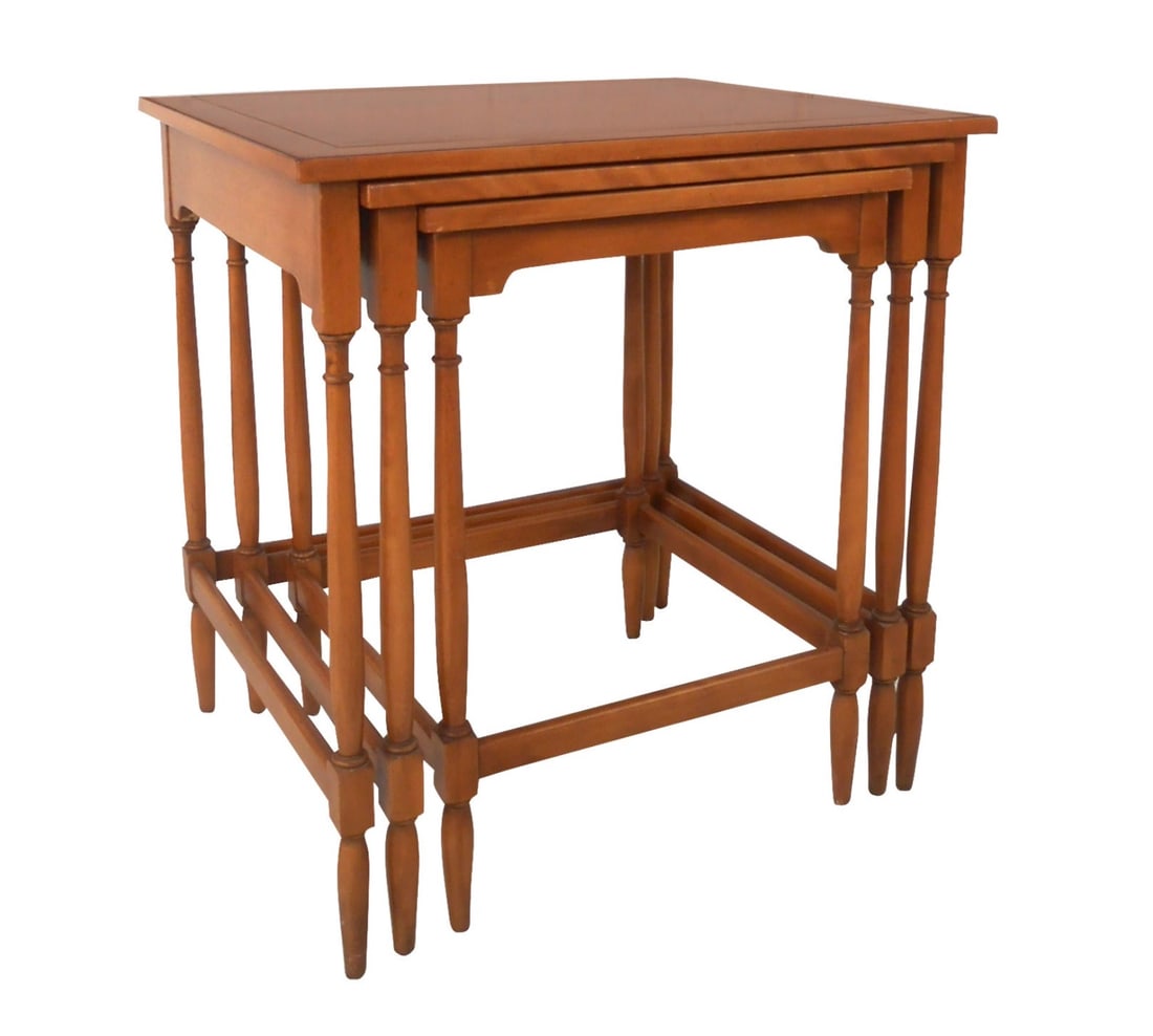 Set of Three Nesting Tables by Hekman: This unique set of three nesting tables feature a solid construction and beautiful teak finish which offer a perfect modern accent to any home or office space. // PICKUP LOCATION: Brooklyn, NY 