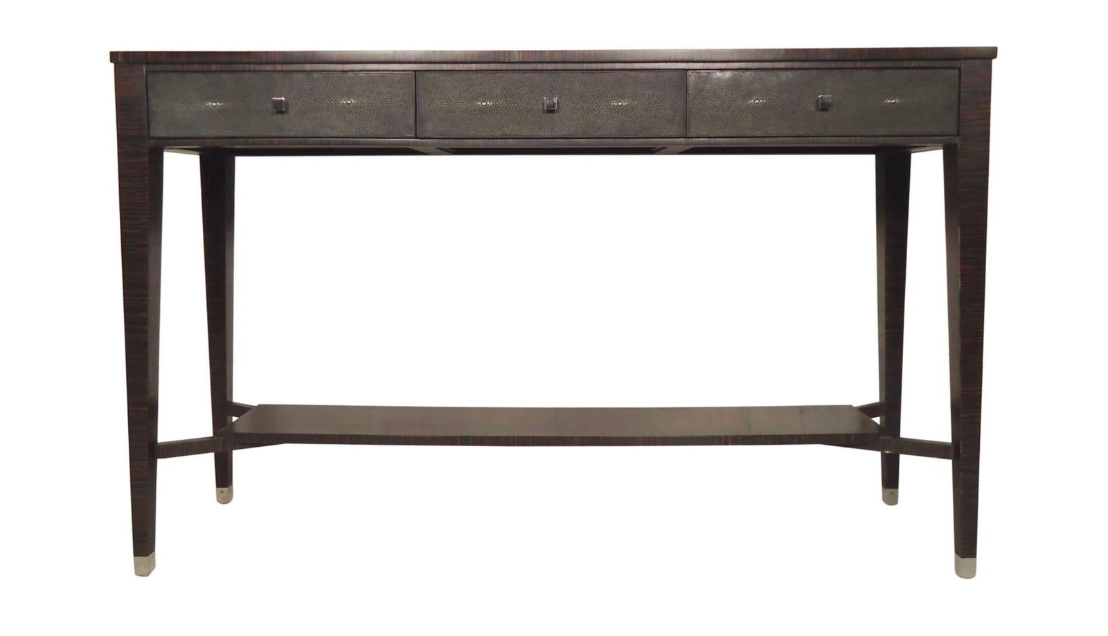 Deco Style Console Table by Jonathan Charles: Long console table with faux Macassar ebony veneer and faux shagreen accents. Three drawers with nickel handles, tapering legs with matching nickel caps. Beautiful coloring and design. // PICKUP LOCAT