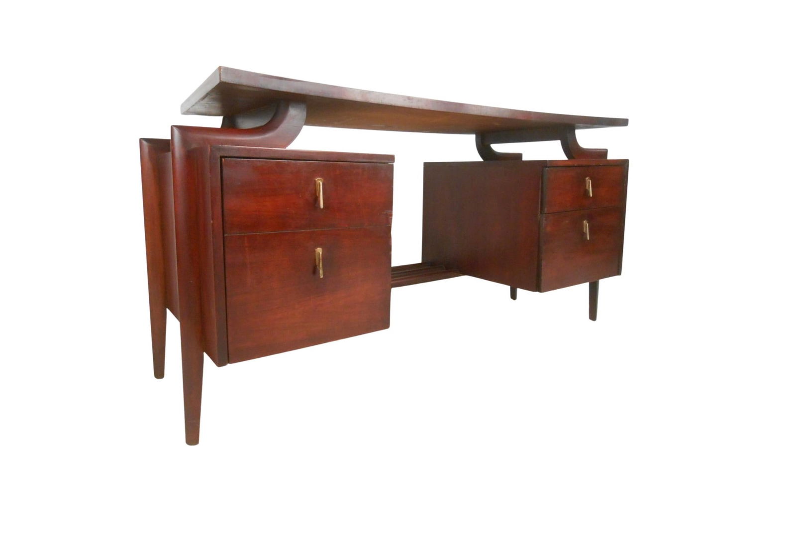 Midcentury Floating Top Desk: Mid-Century Modern desk by Tri Bond Furniture, with floating top and finished back. // PICKUP LOCATION: Brooklyn, NY // Condition: Good. Refinished. Wear consistent with age and use. Minor
