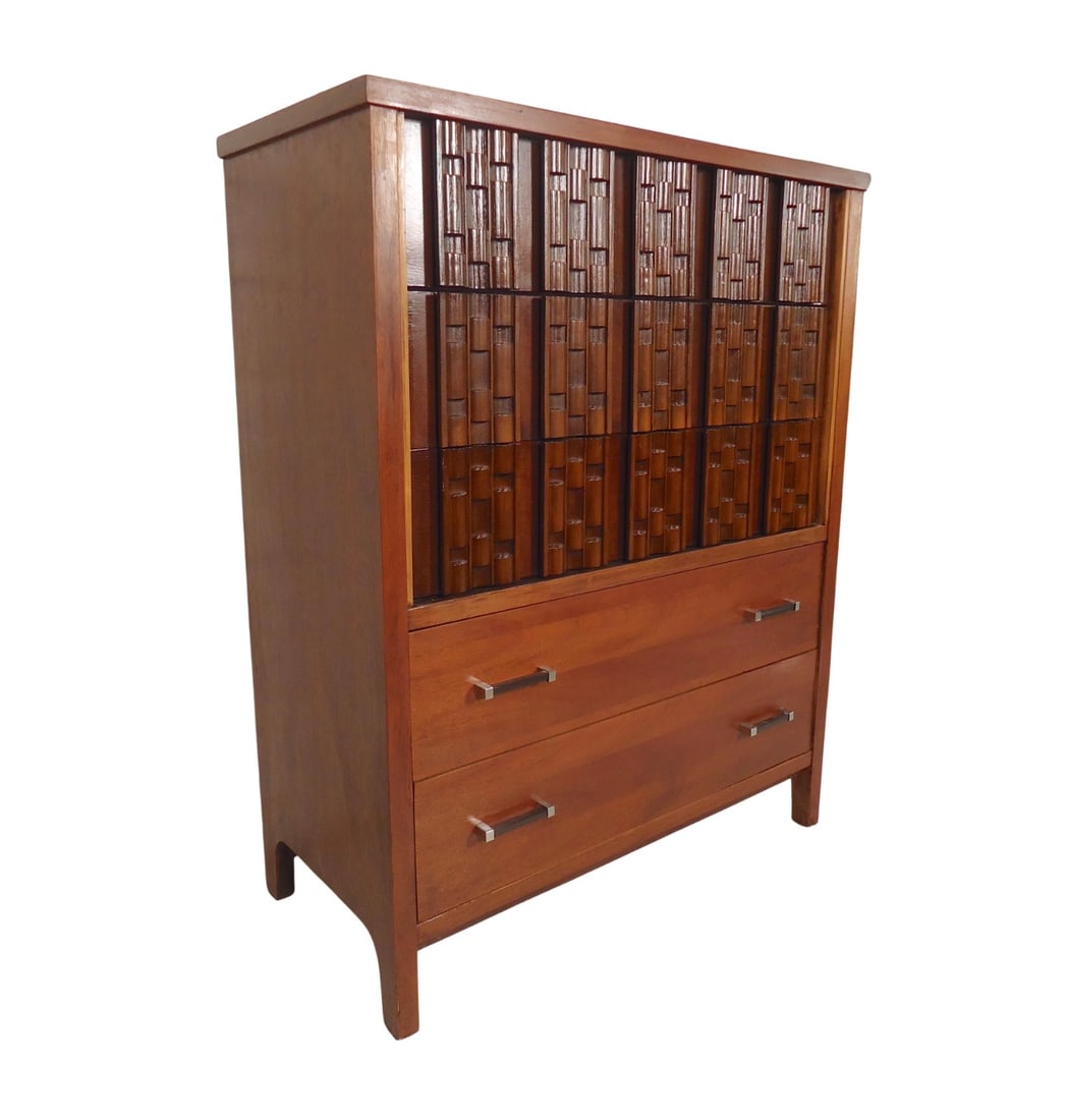 Mid-Century Sculpted Front Tall Dresser: Unique chest of drawers with sculpted mosaic front pattern, black handles with chrome. // PICKUP LOCATION: Brooklyn, NY // Condition: Good. Wear consistent with age and use. Refinished with