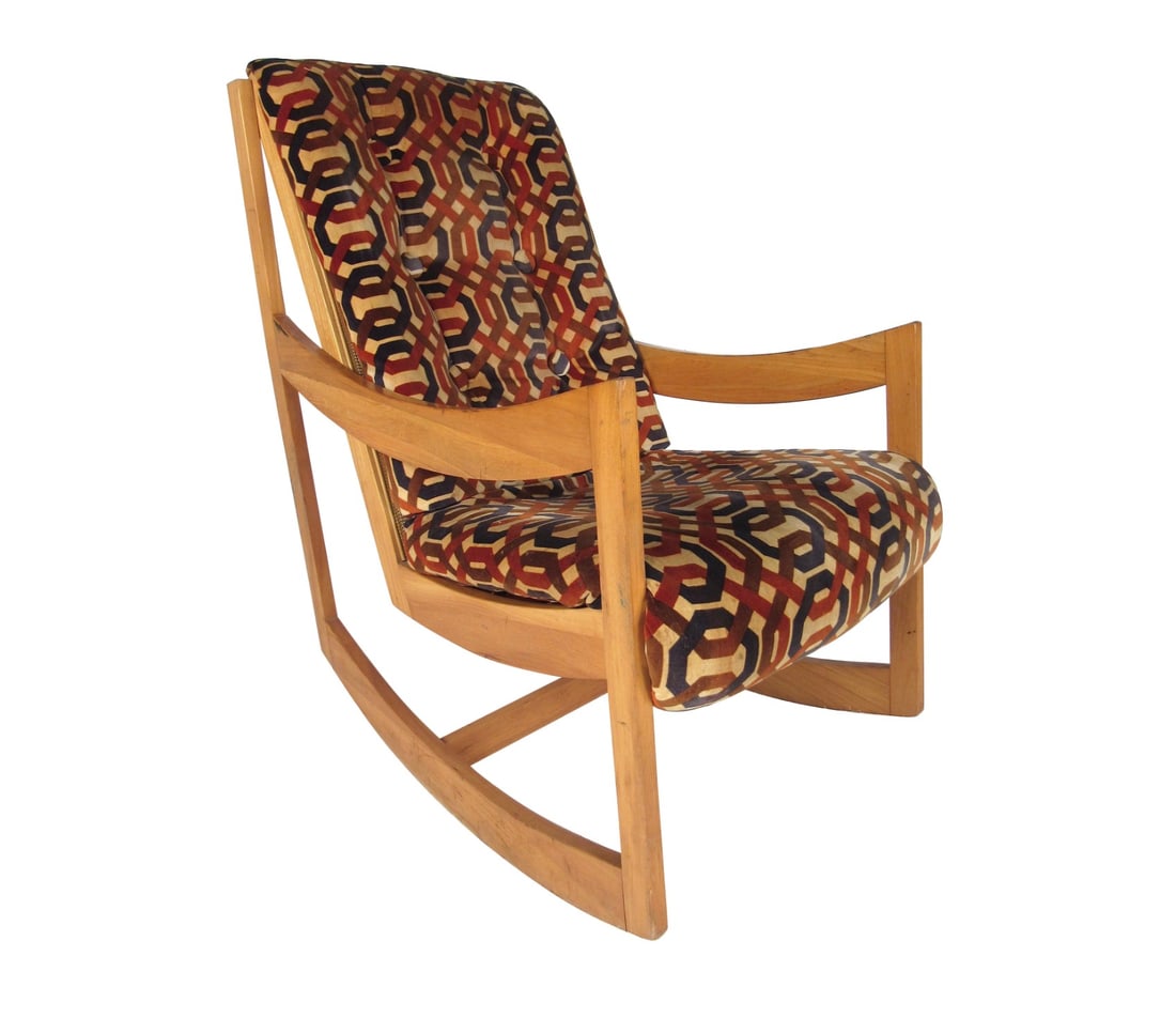 Mid-Century Modern Rocking Chair by Paoli: Mid-Century modern rocking chair with sculptural maple frame and geometric patterned upholstery. // PICKUP LOCATION: Brooklyn, NY // Condition: Wear consistent with age and use. Minor fading.