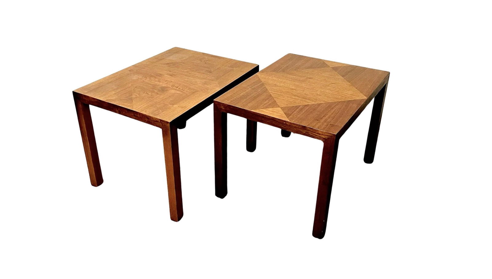 Diamond Pattern End Tables by Lane: Two vintage-modern end tables by lane, features beautiful inlaid tops with rich walnut grain. // PICKUP LOCATION: Brooklyn, NY // Condition: Good. Wear consistent with age and use. Minor structural da