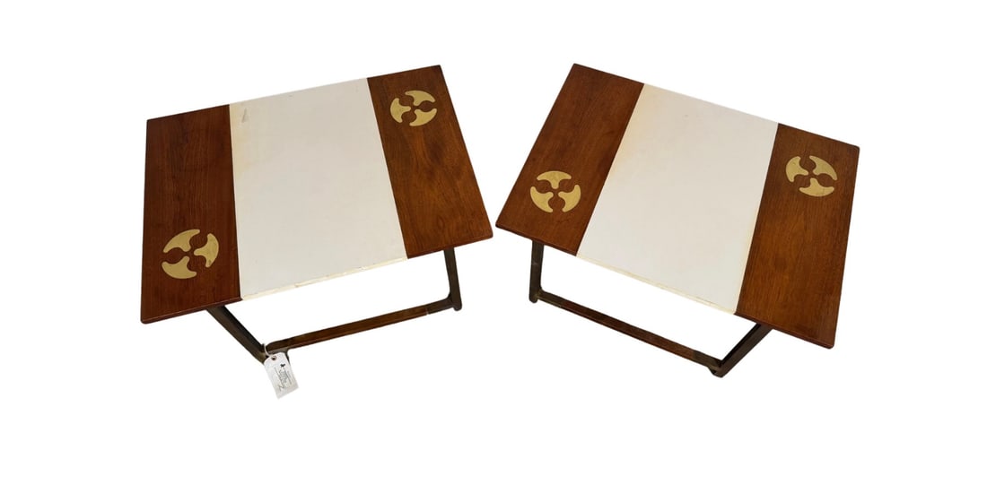 Pair of Mid-century Walnut and Brass End Tables: This stylish two-tone pair of vintage modern end tables feature a brass sled leg base. A unique piece that boasts a white formica and walnut top with inlaid brass designs. The brass base has walnut