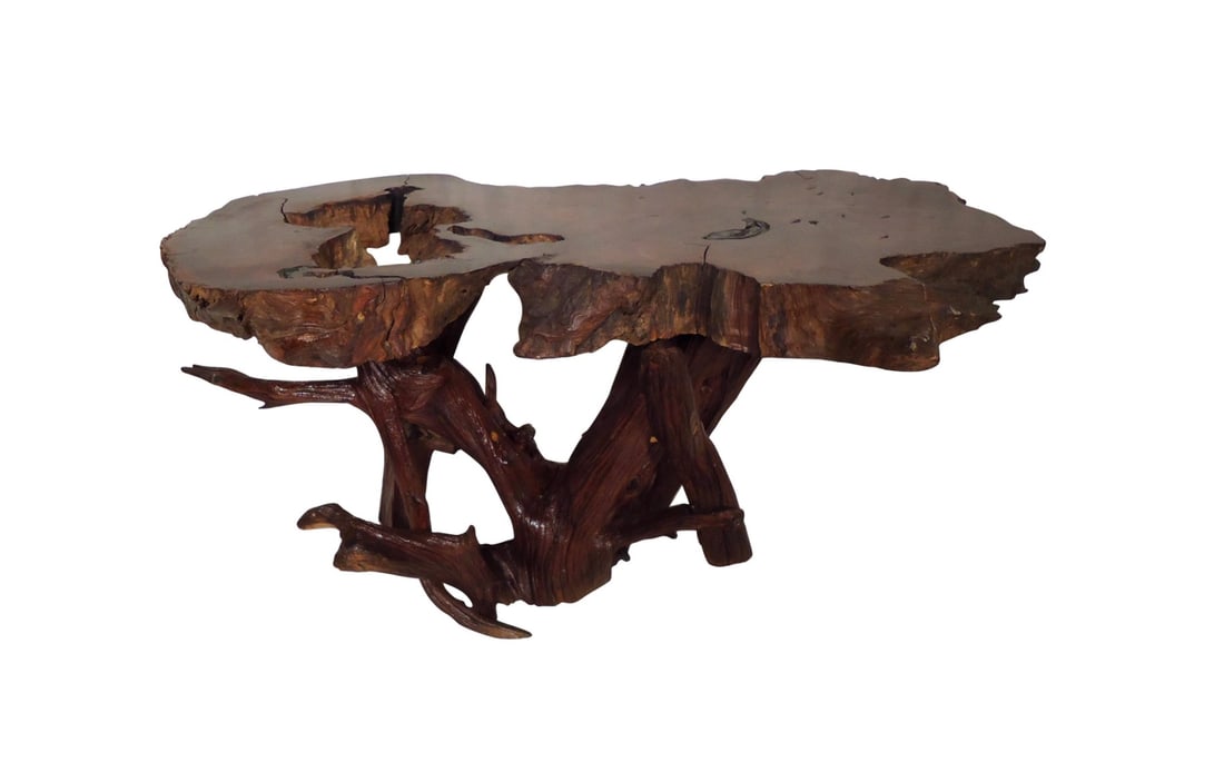 Mid-Century Modern Live Edge Side Table: This beautiful vintage modern live edge bench features a unique tree slab top with elegant wood grain. This stunning live edge table offers a taste of nature within any modern interior. // Pickup