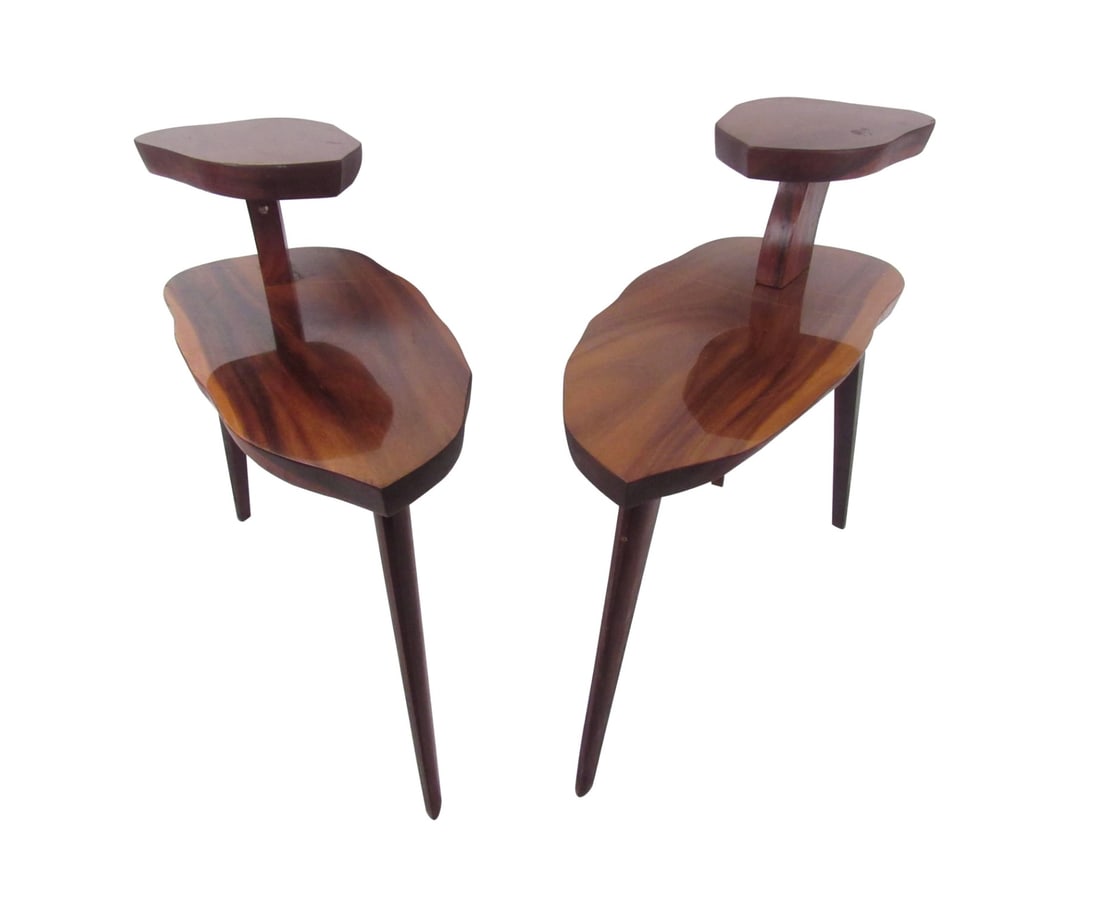 Vintage Free Edge End Tables: Pair of studio-made two-tier walnut end tables with tapered legs. // Pickup Location: Brooklyn, NY // Condition: Good. Repaired: minor repair to legs. Wear consistent with age and use. Minor fading. a