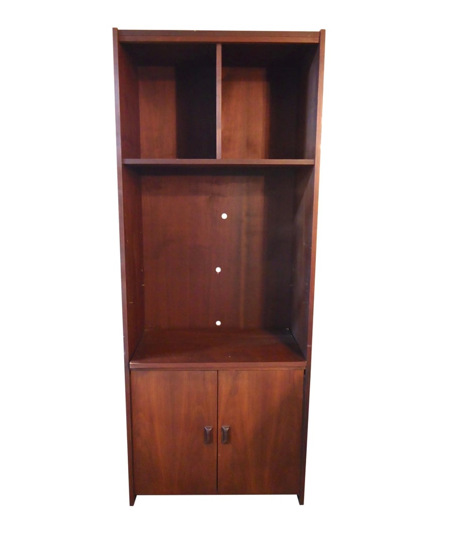 Tall Midcentury Bookcase (1 of 3): Part of a 3-piece set. Mid-Century Modern design with walnut grain throughout, sculpted handles. // Pickup Location: Brooklyn, NY // Condition: Good. Wear consistent with age and use. Minor