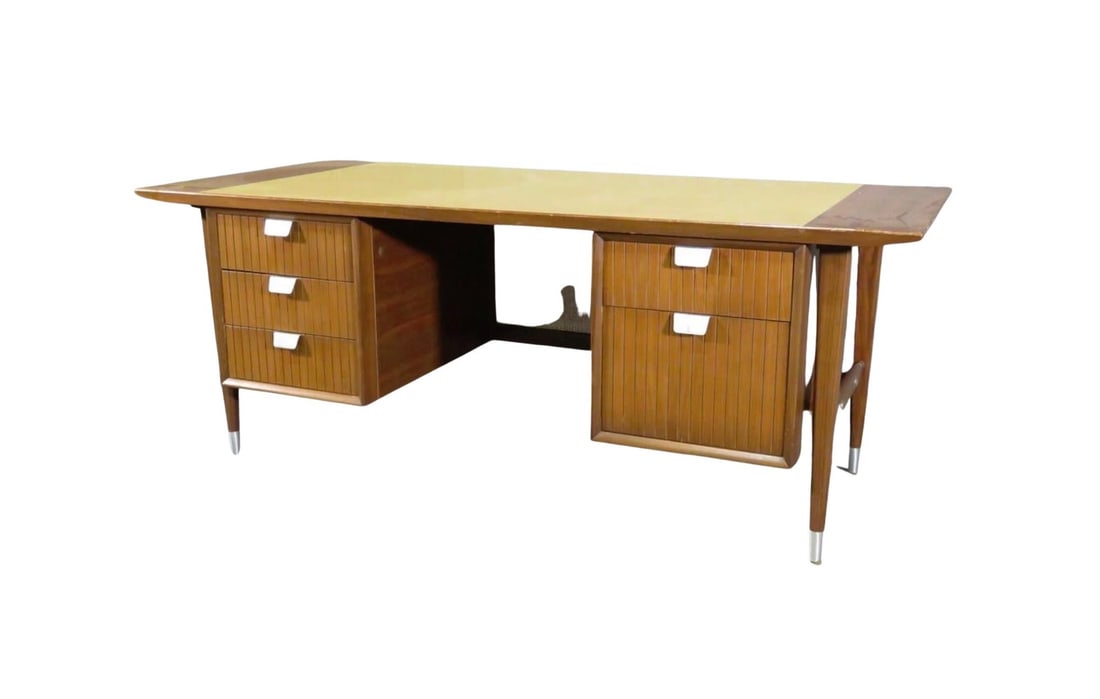 Executive Mid-Century Desk: Modern style executive desk with yellow formica top, metal handles and cane back. // Pickup Location: Brooklyn, NY // Condition: Good. Wear consistent with age and use. Minor fading. Age wear
