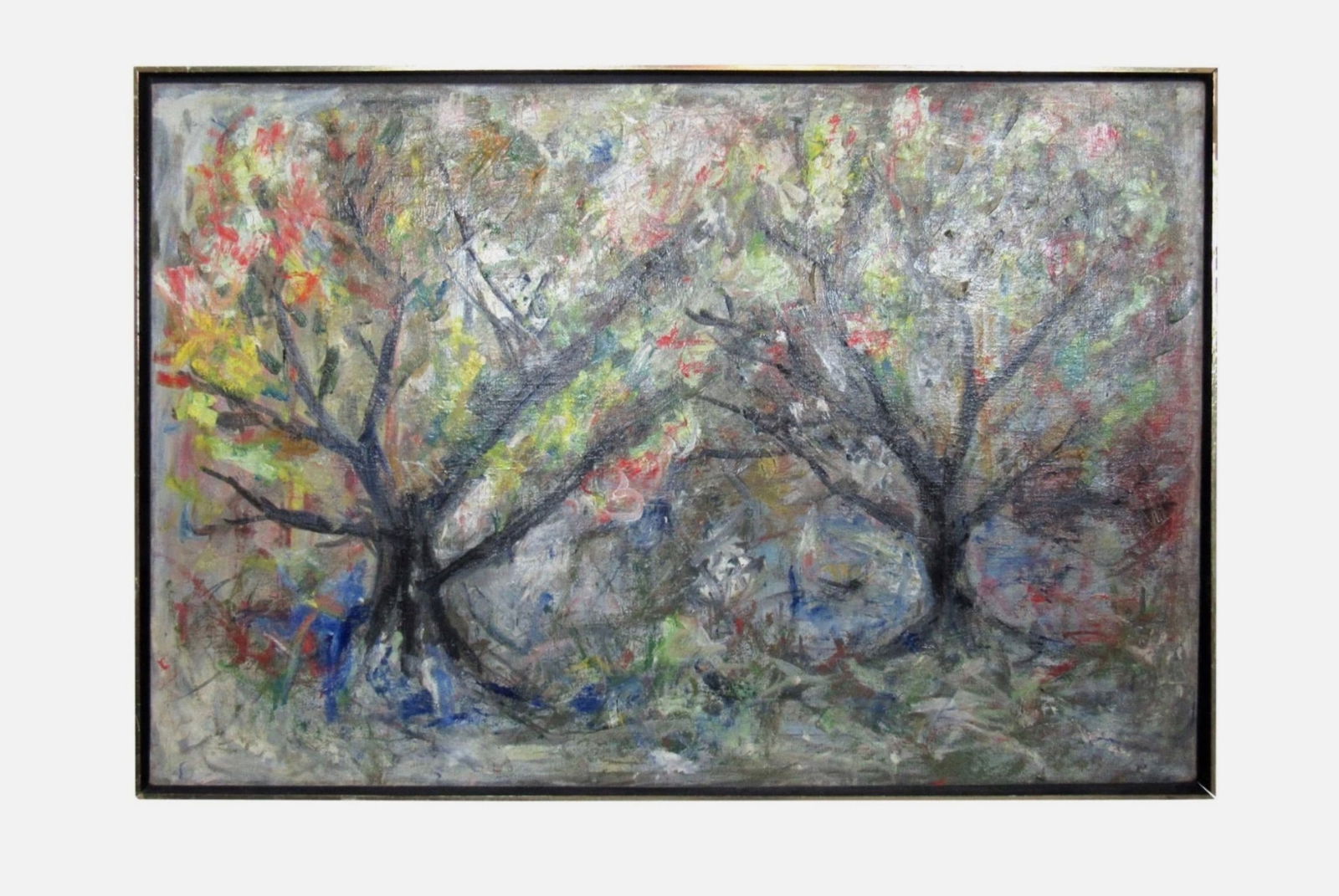 Vintage Modern Painting by Wegener: Mid-Century Modern oil painting of trees signed by artist Wegener. // Pickup Location: Brooklyn, NY // Condition: Good. Wear consistent with age and use. Minor wear to frame. // Dimensions: Height: 25