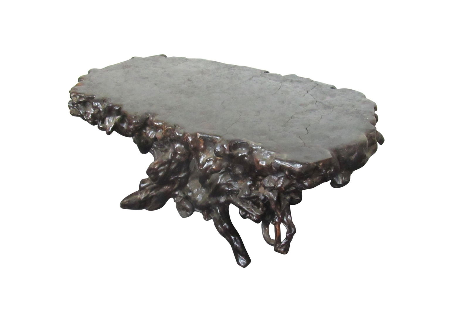 Beautiful Vintage Live Edge Driftwood Coffee Table: Stunning one of a kind mid-century driftwood coffee table. This solid wood table is both rustic and refined, finished in a rich dark color, this table would make a beautiful addition to any space. 