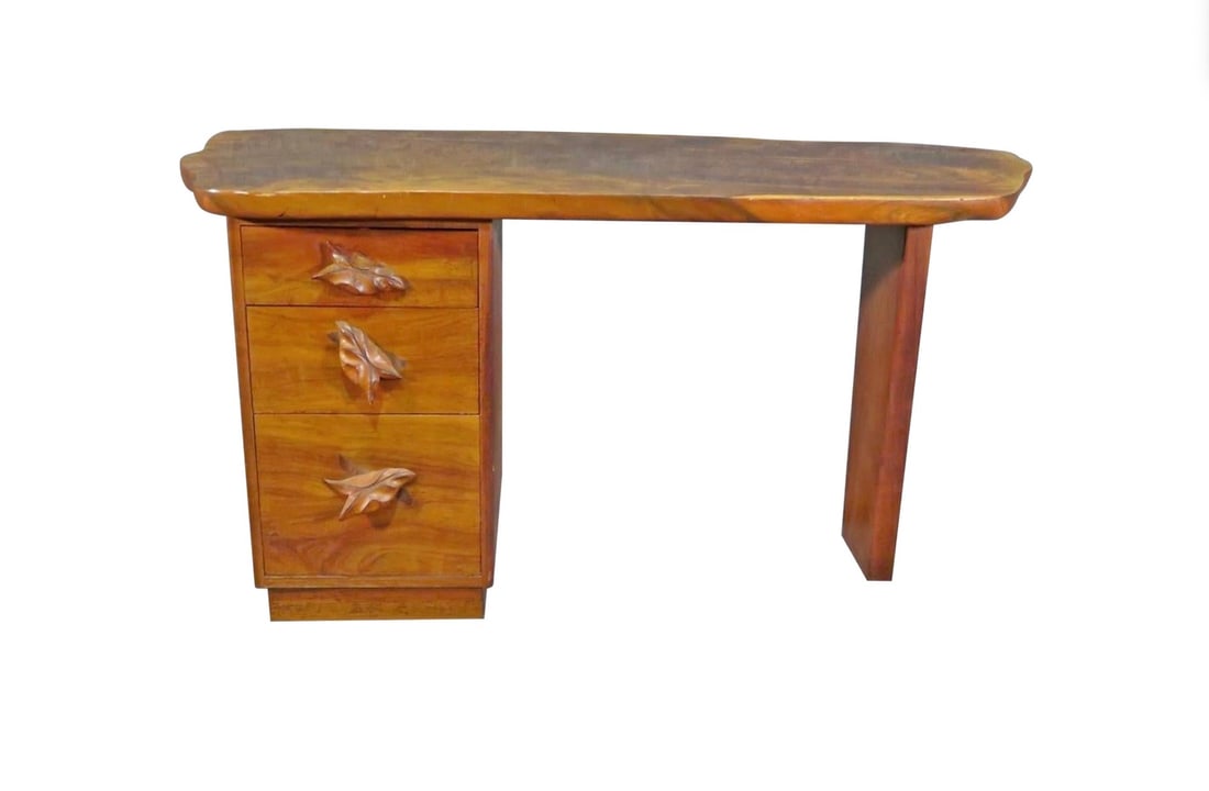 Petite Studio Made Slab Desk: Mid-Century Modern style desk with decorative leaf handles and large tree slab top. // Pickup Location: Brooklyn, NY // Condition: Good. Wear consistent with age and use. Minor fading. Age