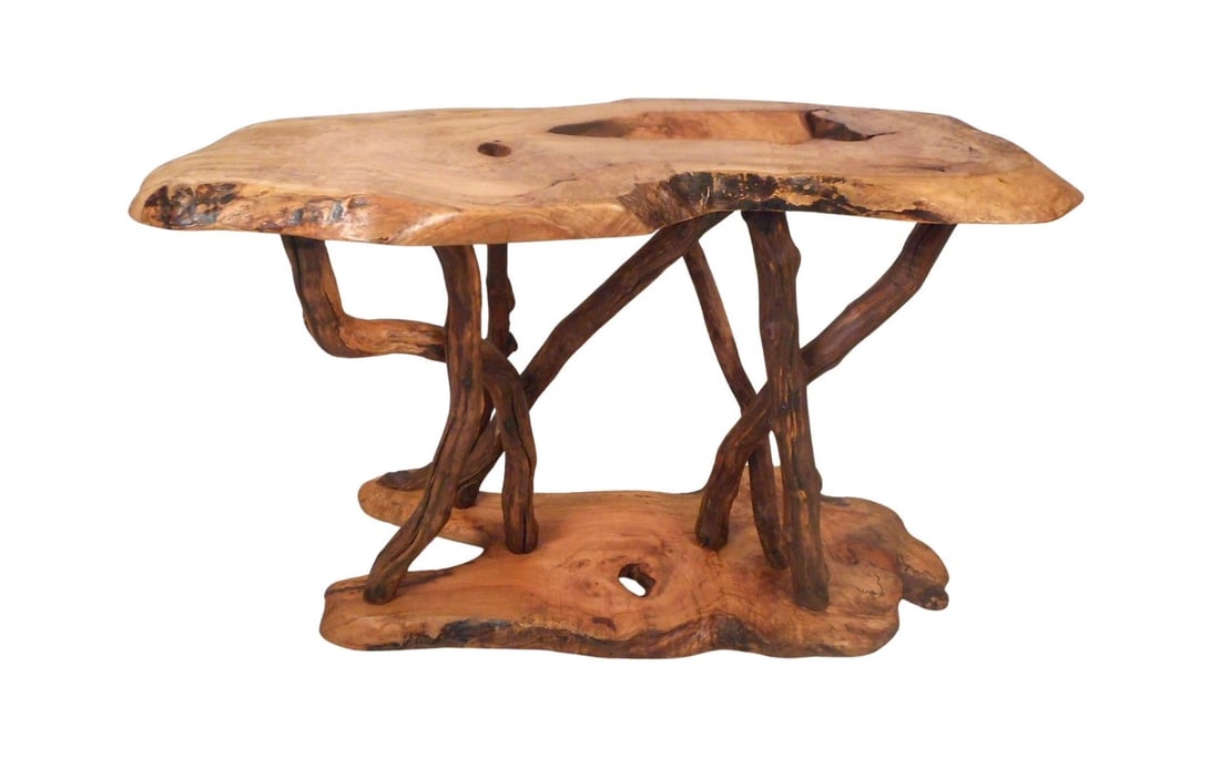 Studio Made Live-Edge Console Table: Very unusual vintage live-edge console table. Stunning wood texture and wild yet sturdy supports connecting the base and tabletop. An interesting piece sure to add a lively dimension to any decor. //