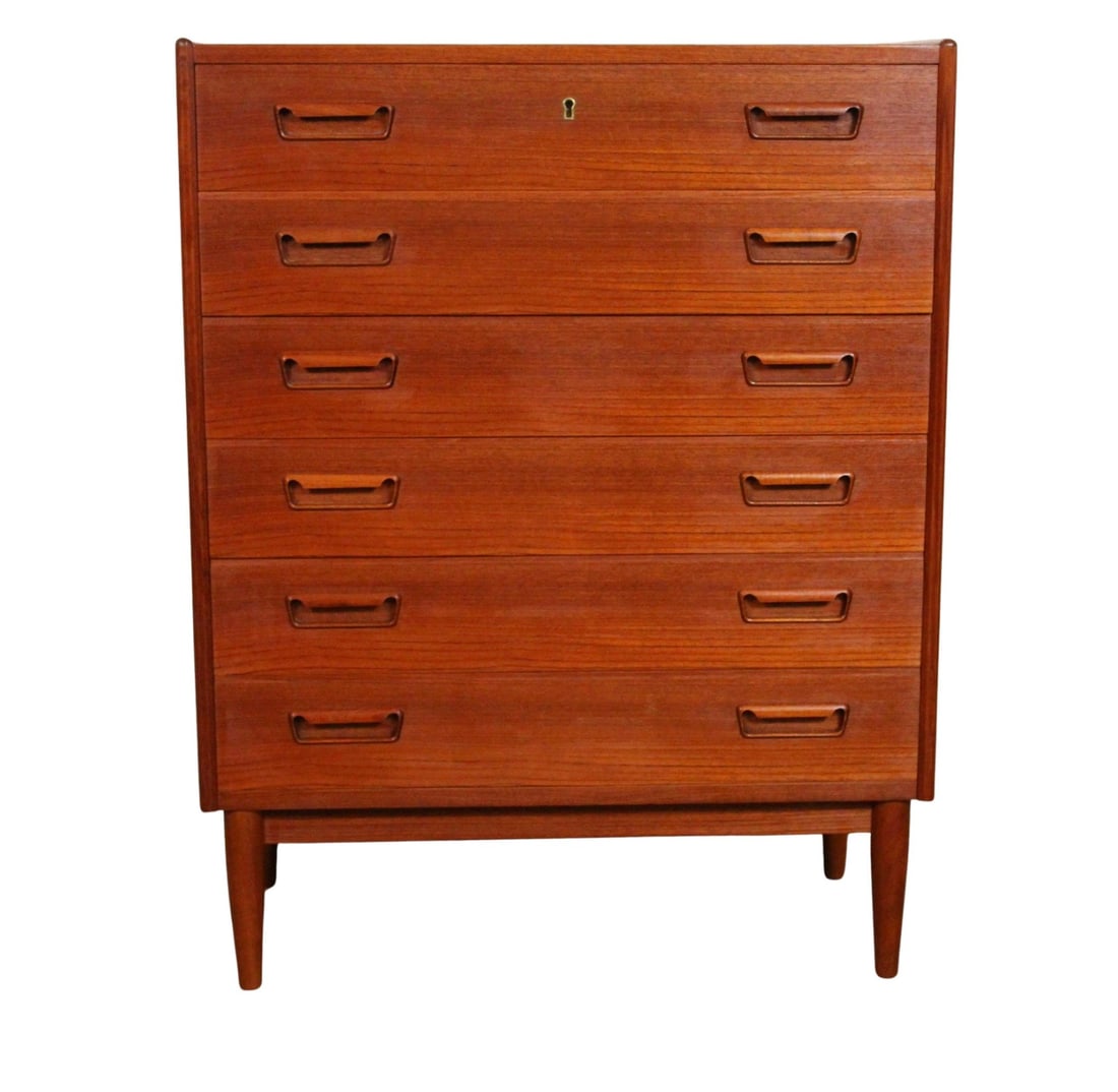 Mid-Century Danish Teak Dresser by Gunnar Nielsen Tibergaard: A classic example of Scandinavian design, this Mid-Century Modern teak chest of drawers features clean lines, quality craftsmanship, and functional elegance. Crafted in Denmark circa 1960s, the chest
