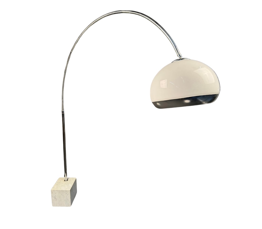 1970s Harvey Guzzini Arc Floor Lamp: For your consideration, an iconic Mid-Century designed lamp by Harvey Guzzini. Featuring a large marble base with dramatic arc arm stem and white acrylic shade. Push-button floor switch for easy