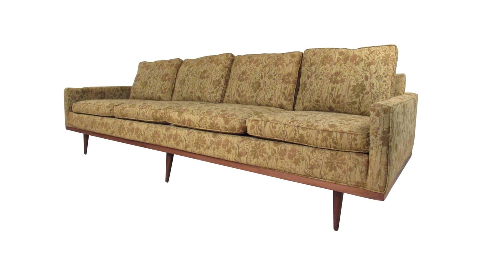 Milo Baughman Sofa for Thayer Coggin: This exquisite vintage sofa features a stunning four seat design with six legs for added support. Wood trim, tapered post legs and classic Milo Baughman style add to the Mid-Century appeal of this
