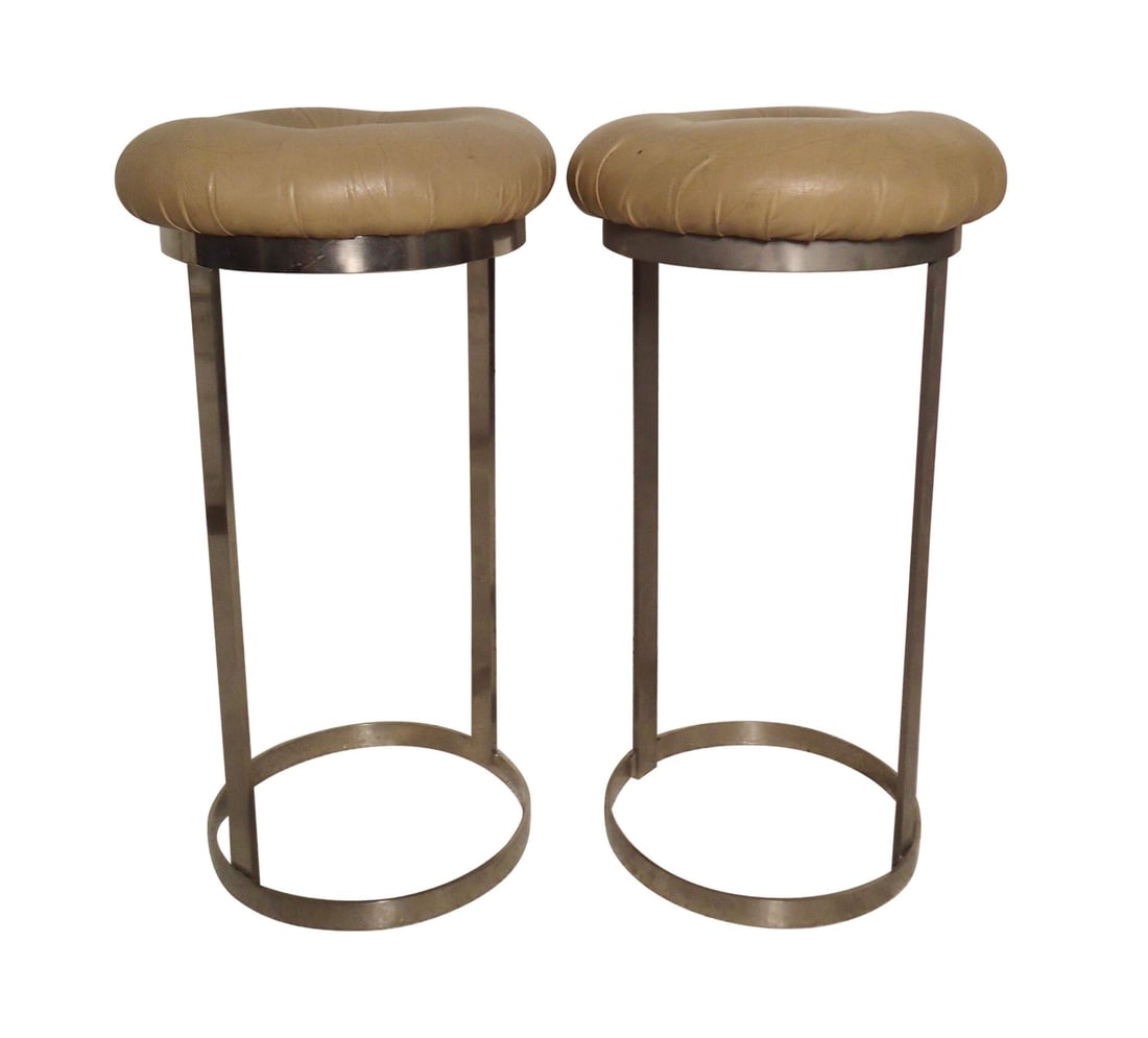 Pair of Midcentury Chrome Stools: Vintage modern stools in the style of Milo Baughman with chrome bases and tufted seats. // PICK UP LOCATION: BROOKLYN NY // Condition: Good. Wear consistent with age and use. Minor fading.