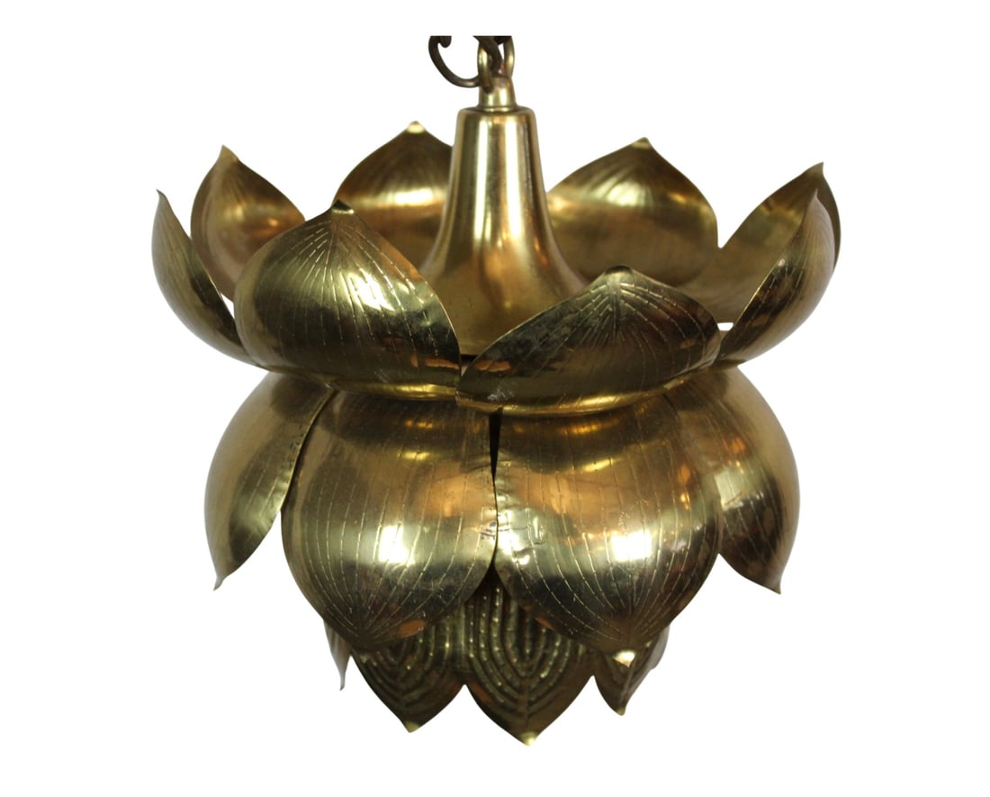 Lotus Pendant by Feldman: Brass leaf lotus lamp made by Feldman Lighting Co. Beautiful design and warm lighting diffused by the gold leaves. // PICK UP LOCATION: BROOKLYN NY // Condition: Good. Wear consistent with age