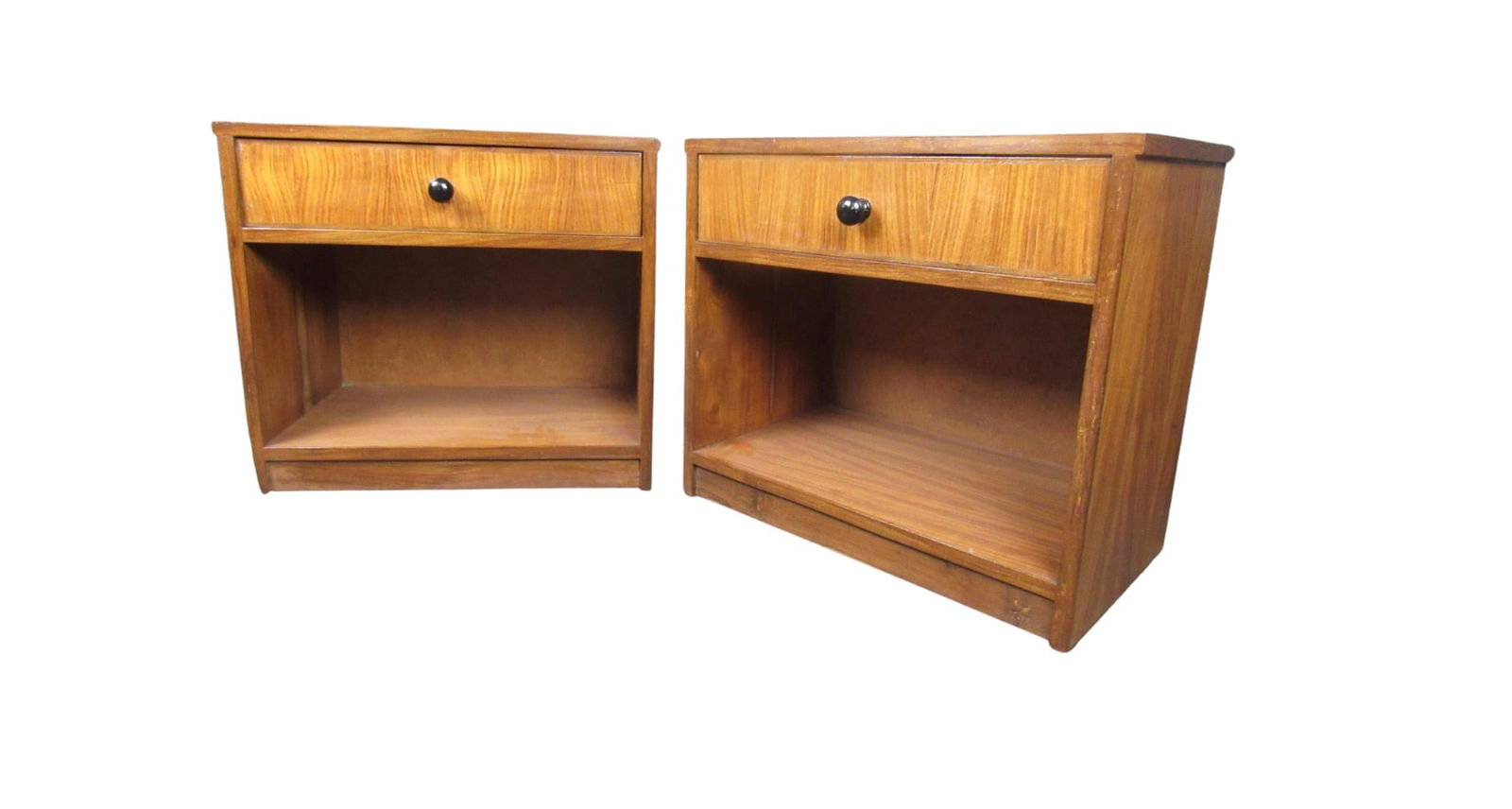 Midcentury Teak End Tables: Pair of Mid-Century Modern night stands. Classic midcentury look featuring open storage on the bottom, pull drawer on top, and black spherical pull handles. // PICK UP LOCATION: BROOKLYN NY // 