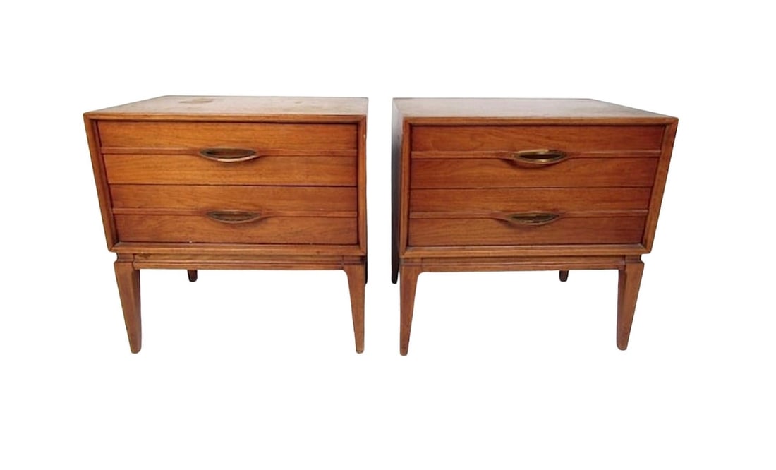 Mid-Century Modern Dresser and Nightstands: Mid-Century Modern walnut nightstands with sculpted wood handles. Two drawers with brass trim handles. // PICK UP LOCATION: WALL NJ // Condition: Fair. Wear consistent with age and use. Minor