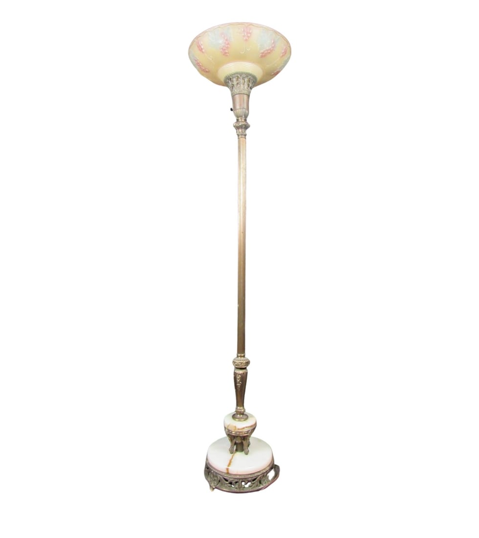Antique Art Nouveau Marble and Brass Torchiere Lamp: Bring an elegant light into any space with this stunning antique torchiere lamp. A lovely marble and brass base features the timeless beauty of Art Nouveau adornments while it's blown glass shade