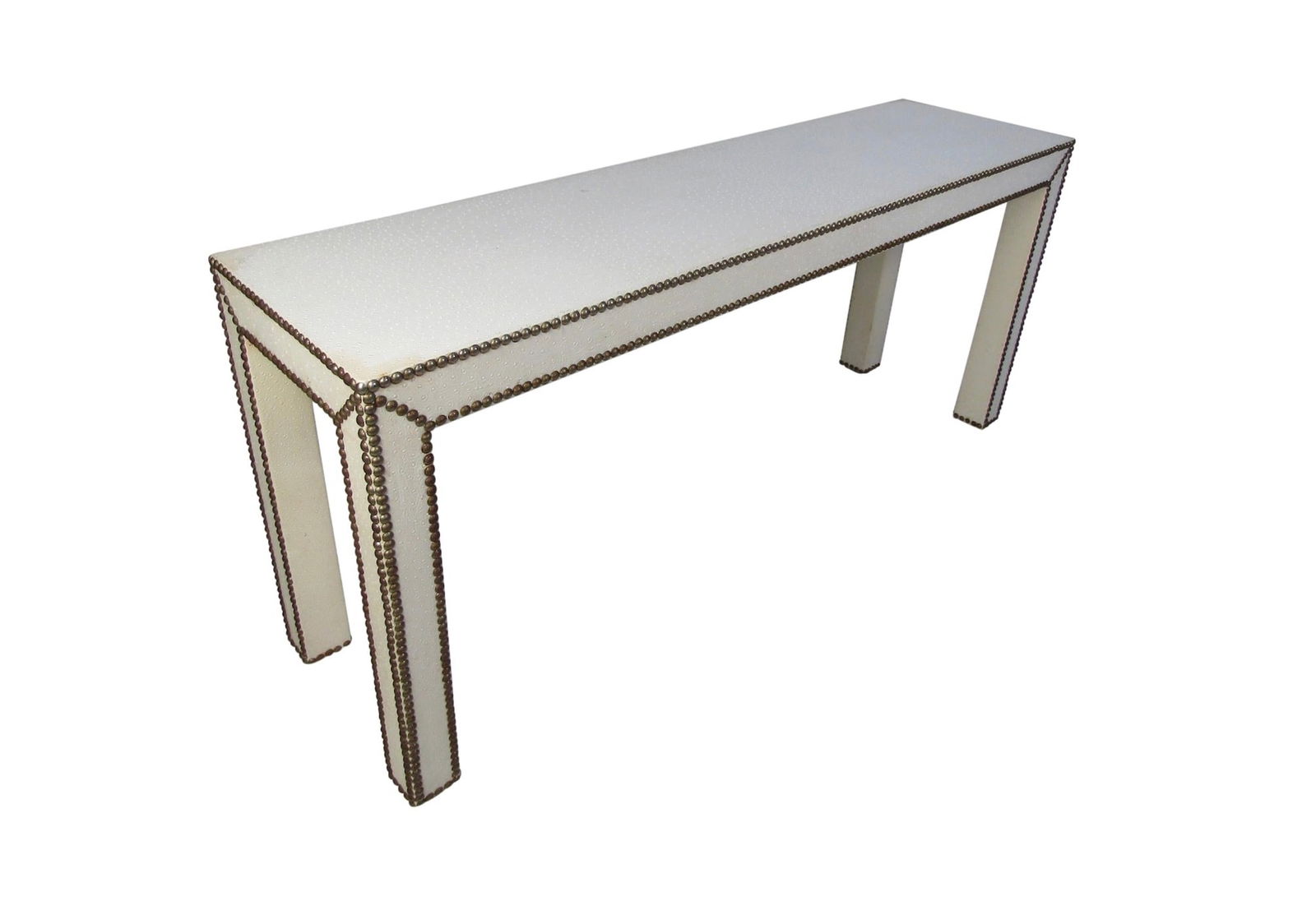 Vintage Studded Console Table: Stylish console table with a faux-leather upholstery and studded contour. // PICK UP LOCATION: BROOKLYN NY // Condition: Good. Wear consistent with age and use. Minor fading. age appropriate wear, scu