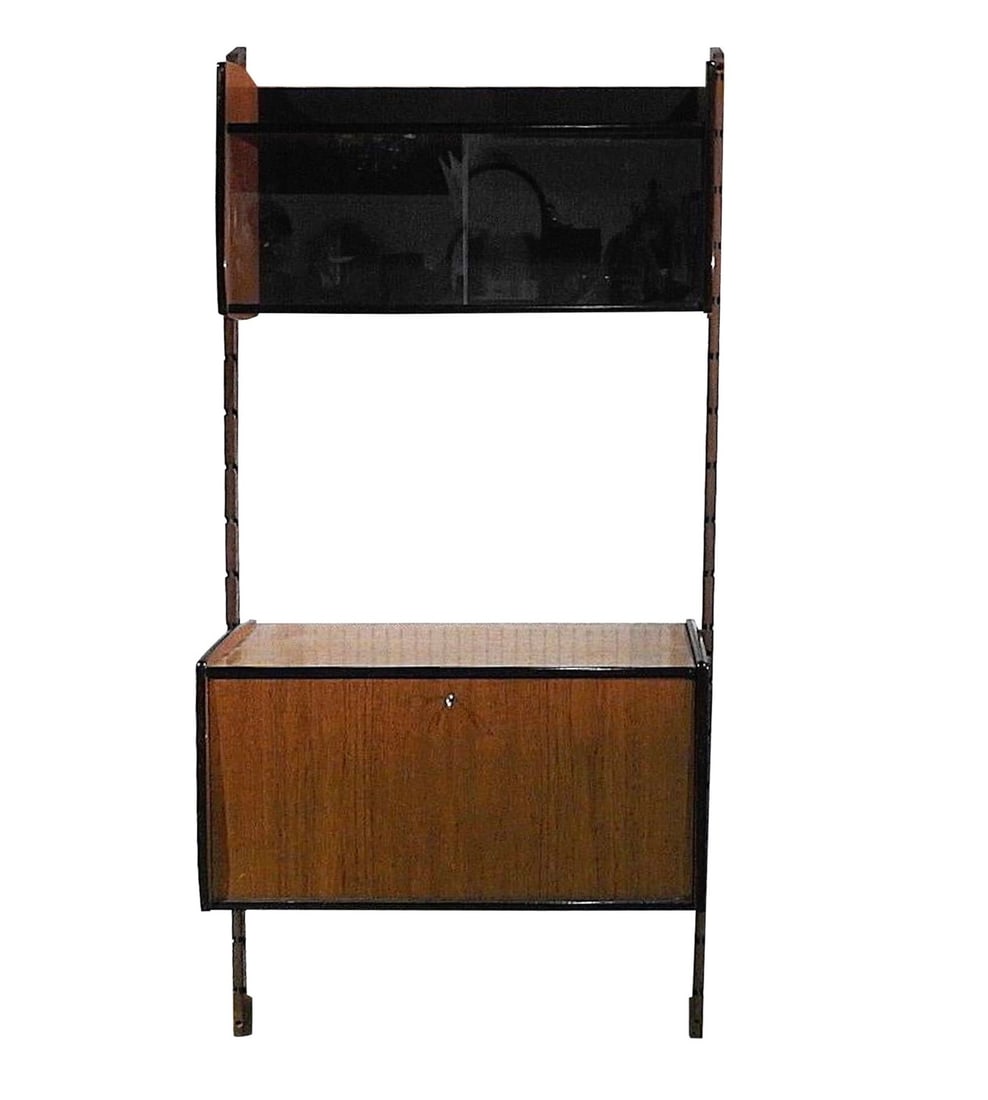 Two-Piece Wall Unit: Wall hanging bar and cabinet. Mid-Century Modern in teak wood. // PICK UP LOCATION: WALL NJ // Condition: Good. Wear consistent with age and use. Minor fading. Surface scratches. // 
