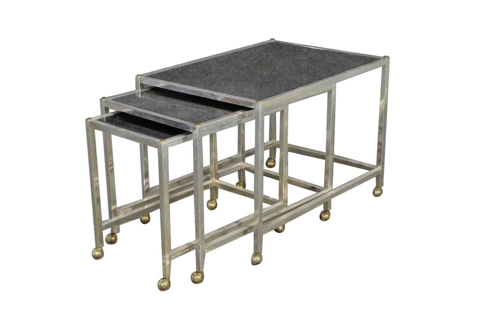 Set of Smoked Glass Nesting Tables: Mid-Century Modern nesting tables with metal frames and blackened glass. // PICK UP LOCATION: WALL NJ // Condition: Good. Wear consistent with age and use. Minor fading. Minor oxidation and