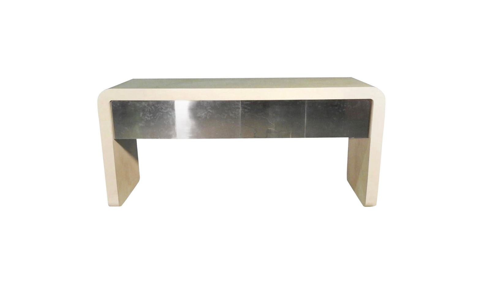 Mid-Century Faux Goatskin Console Table with Storage: Vintage modern faux goatskin wrapped console with storage space. The 4 metal push-to-open doors are mounted on piano hinges and contain 2 shelves each. Metal accents on back. // PICK UP LOCATION: