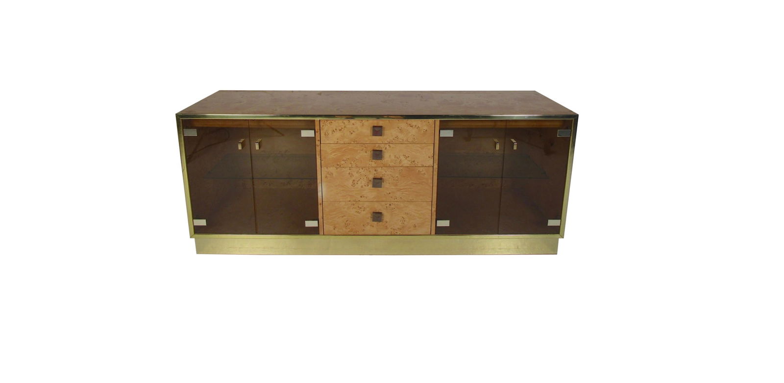 Mid-Century Modern Burl Credenza by Founders: Beautiful vintage modern Thomasville bar cabinet in burl. Unique design with smoked glass cabinet doors, burl front drawers, and brass trim along the base. This wonderful case piece offers plenty of