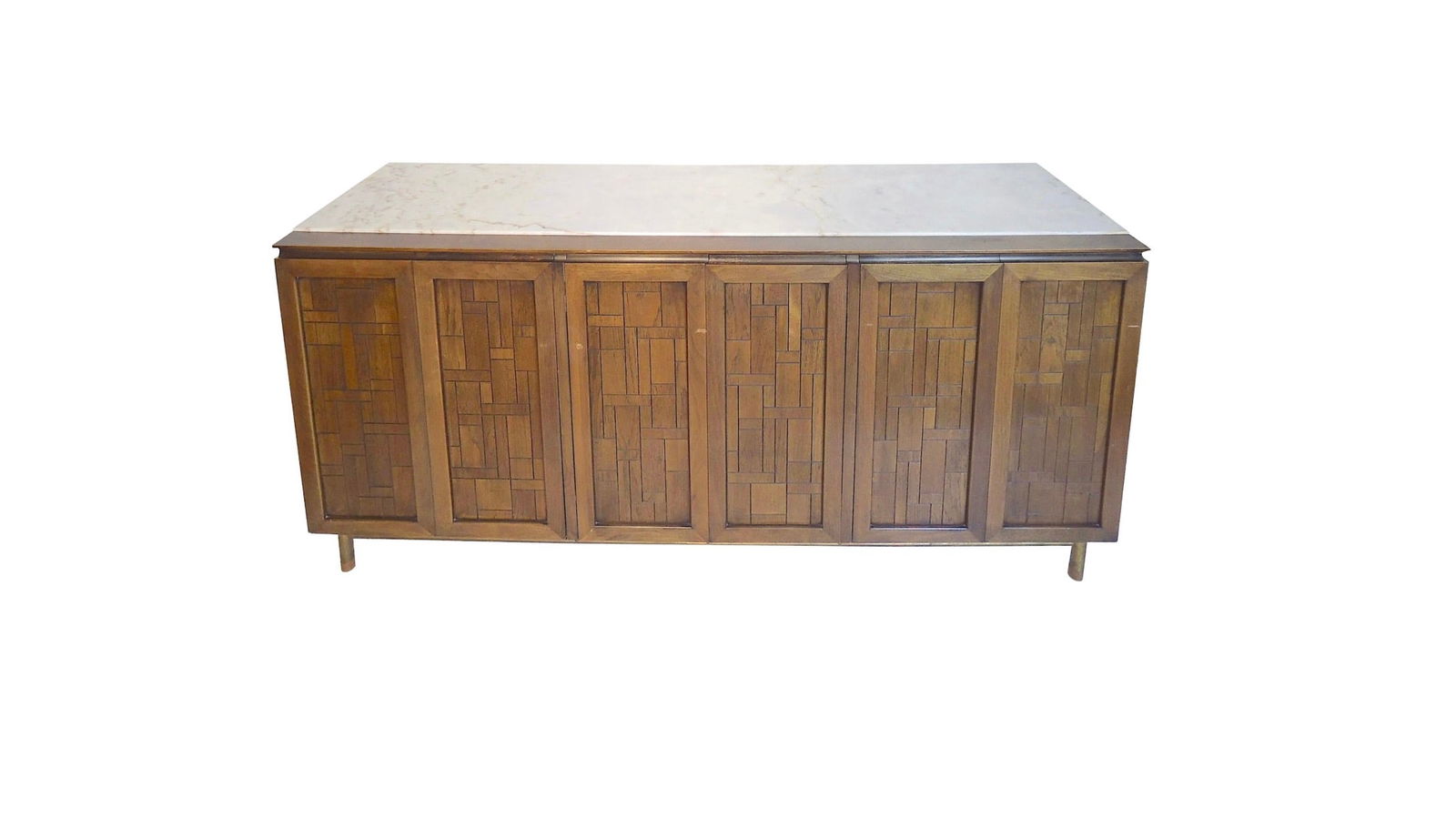 Marble Top Credenza Designed by Bert England: Bert England designed long cabinet with brutalist style front and white marble top. Cabinet storage with drawers and accenting brass base. // PICK UP LOCATION: BROOKLYN NY // Condition: Good.