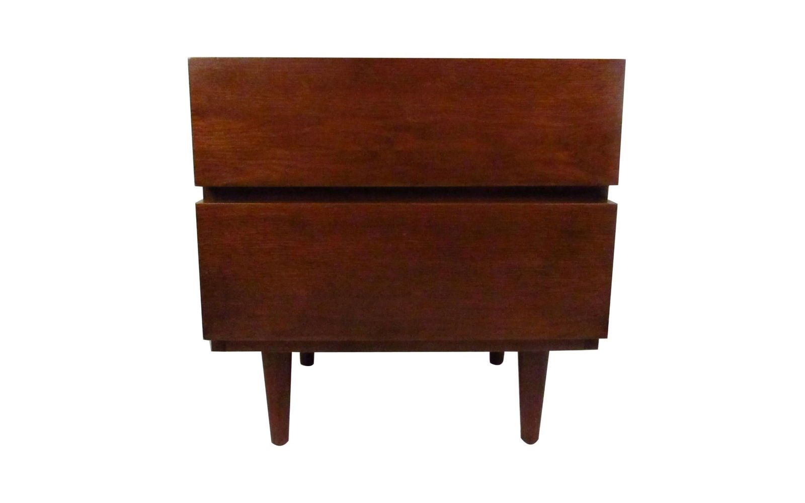 Single Midcentury Nightstand by American of Martinsville: Vintage-modern nightstand, features two drawers and rich walnut grain throughout. // PICK UP LOCATION: BROOKLYN NY // Condition: Good. Wear consistent with age and use. Minor wear to finish,