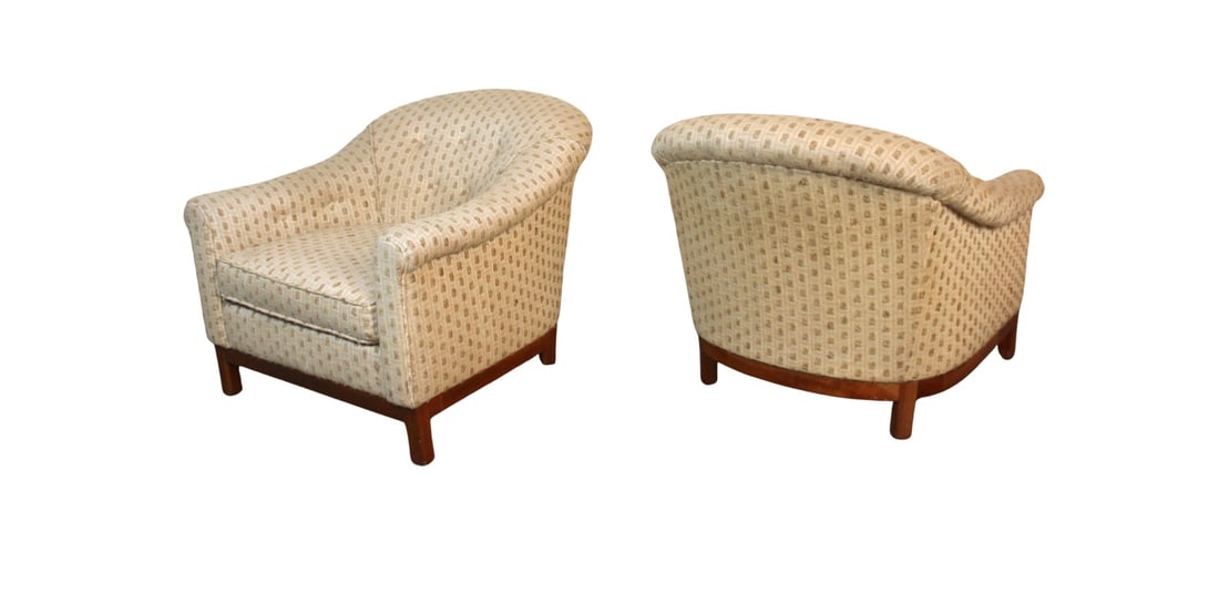 Pair Mid-Century Barrel Back Chairs: Pair of vintage modern arm chairs with tufted backs. Round back design with walnut wood trim and legs. // PICKUP LOCATION: Brooklyn, NY // Condition: Fair. Wear consistent with age and use.