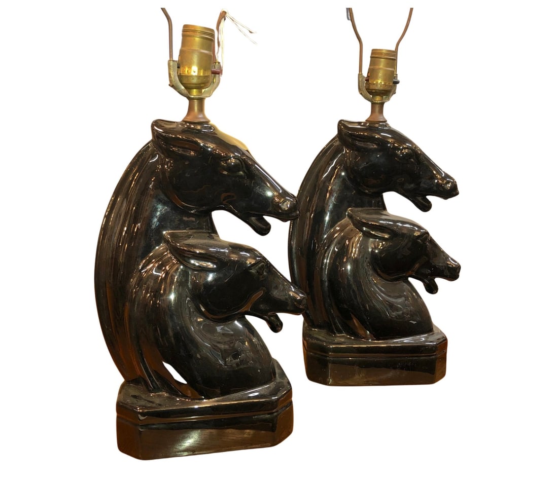 Pair of Black Horse Glazed Lamps: Pair of black ceramic table lamps with dual horse heads. // PICKUP LOCATION: Brooklyn, NY // Condition: Good. Wear consistent with age and use. Minor fading. fading, scratches, re-wiring