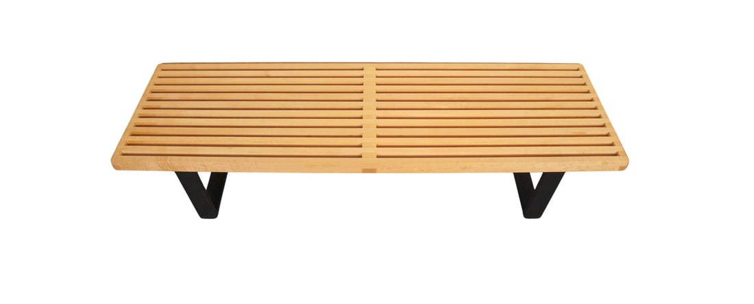 George Nelson Slat Bench: This classic slat bench by George Nelson comes with a cushioned pillow. The iconic design of maple top and ebonized sled legs still matches today's modern home design. // PICKUP LOCATION: