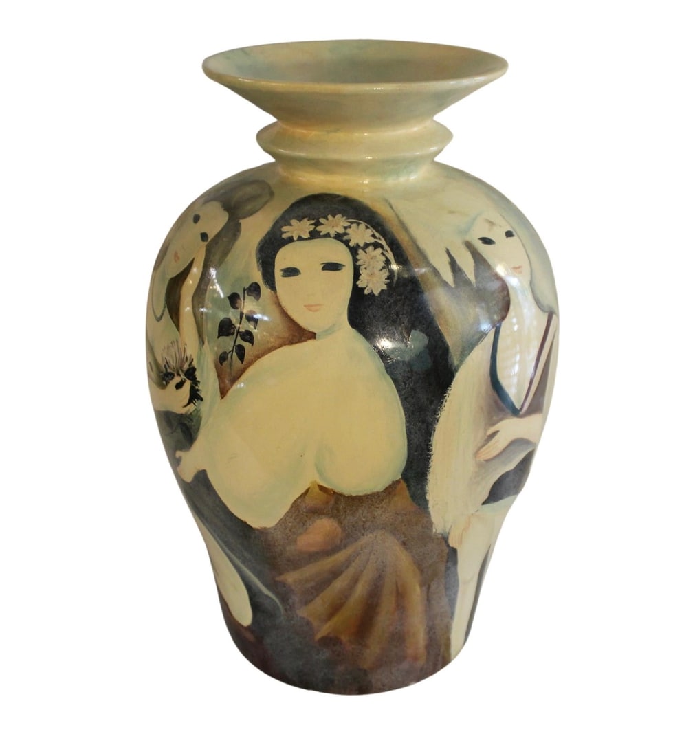 Beautiful Mid-Century Ceramic Vase: Elegant mid-century ceramic vase with a simple, sculptural form and rich glaze. Its understated design highlights the craftsmanship and organic textures of the era, making it a versatile decorative