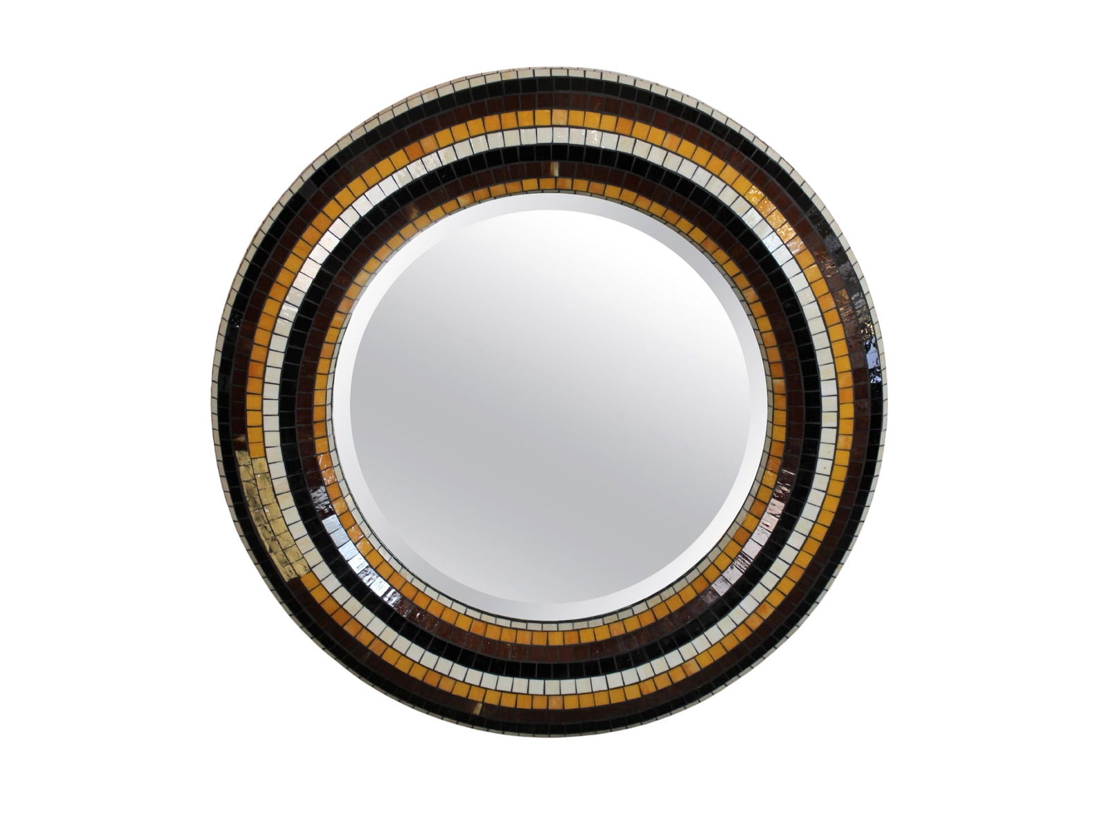 Mid-Century Round Mosaic Tile Mirror: A striking round mirror featuring a vibrant mosaic tile border in classic mid-century hues. The handcrafted design showcases geometric precision and timeless style, adding texture and visual interest