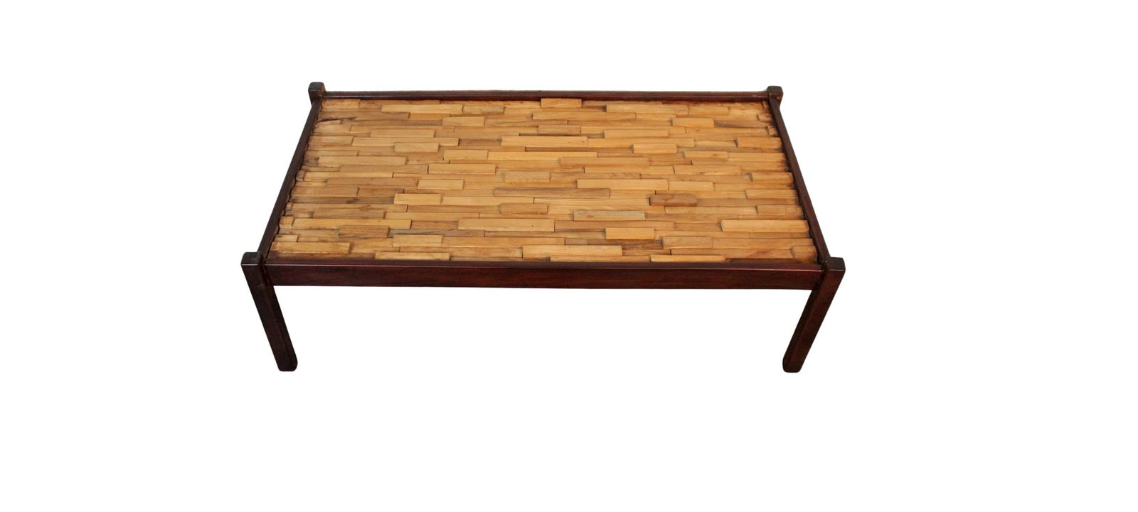 Vintage Percival Lafer Patchwork Wood Coffee Table: A richly textured and visually engaging coffee table by celebrated Brazilian designer Percival Lafer. The top features Lafer’s signature patchwork mosaic of solid tropical hardwood blocks—each uni
